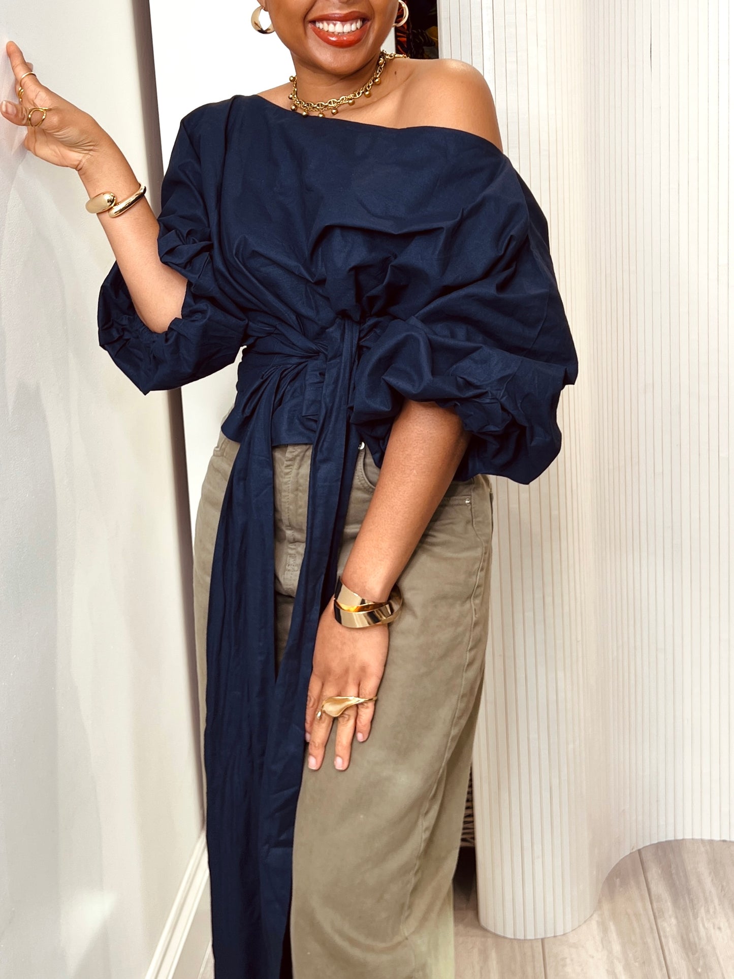 PREORDER 2 WEEKS- Navy blue off-Shoulder Crop Top: Asymmetric Balloon Sleeve Blouse size 1 UK 8-14