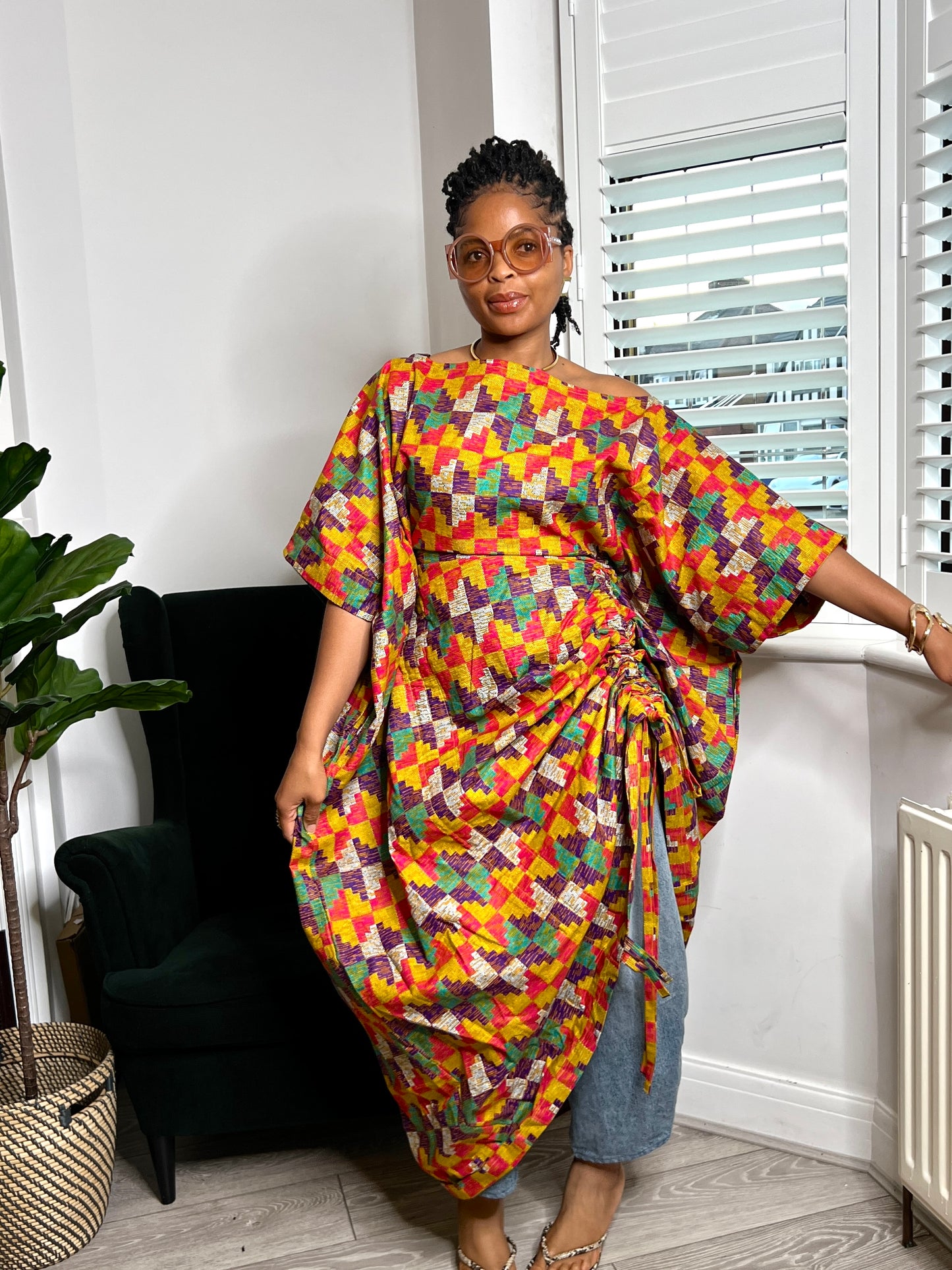 Kente inspired print multi coloured Maxi Kaftan Dress | One size