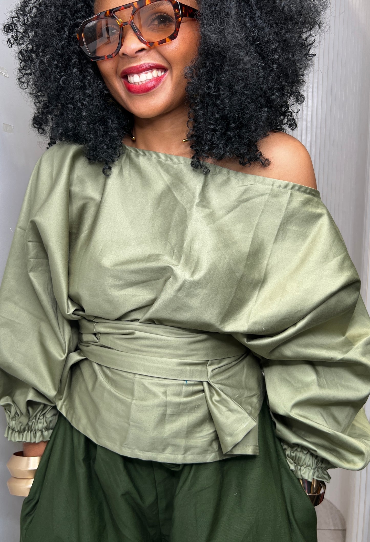 Khaki green top: Asymmetric Balloon Sleeve Blouse