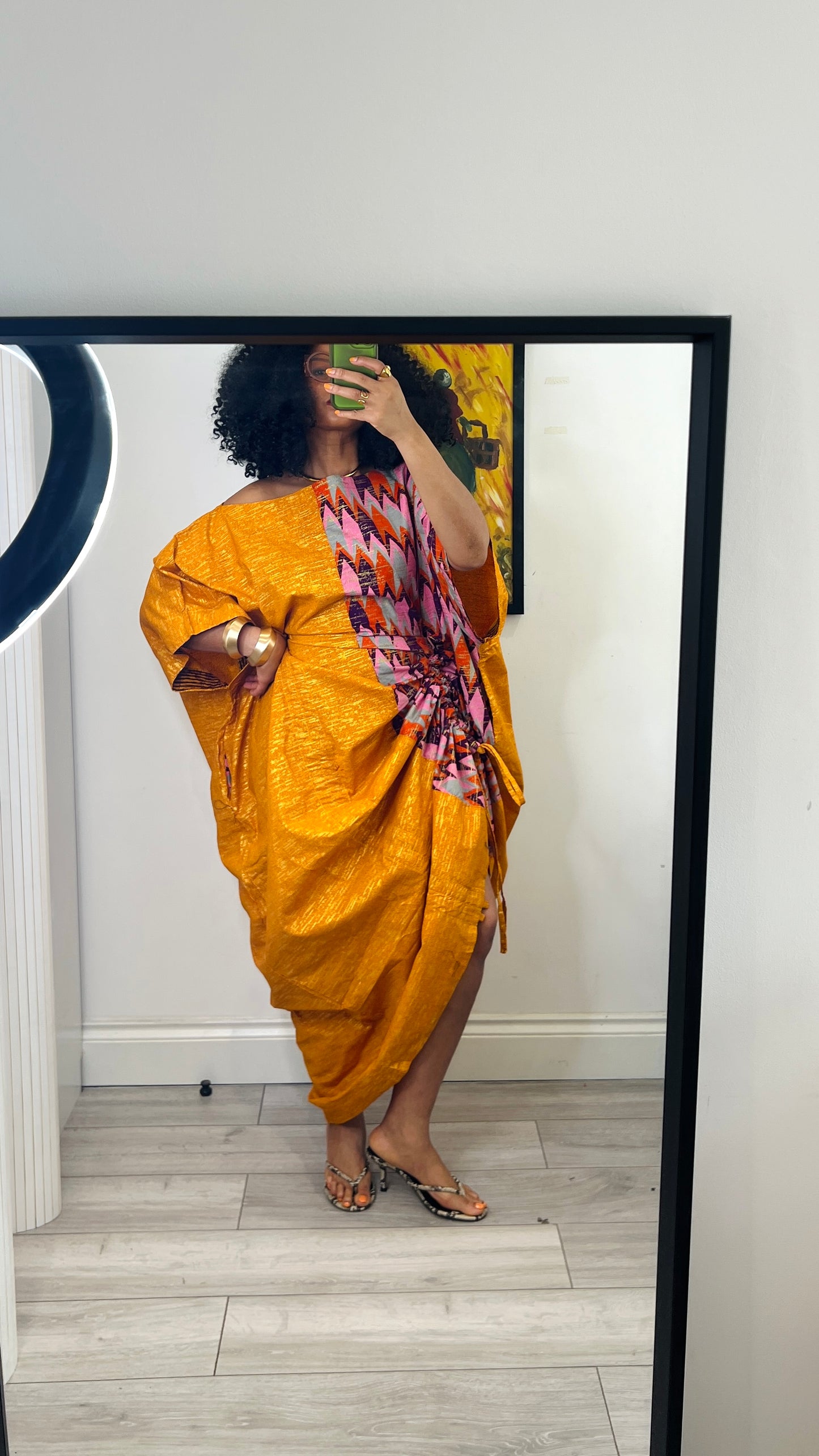 Embellished Orange and pink drawstring bubu dress one size