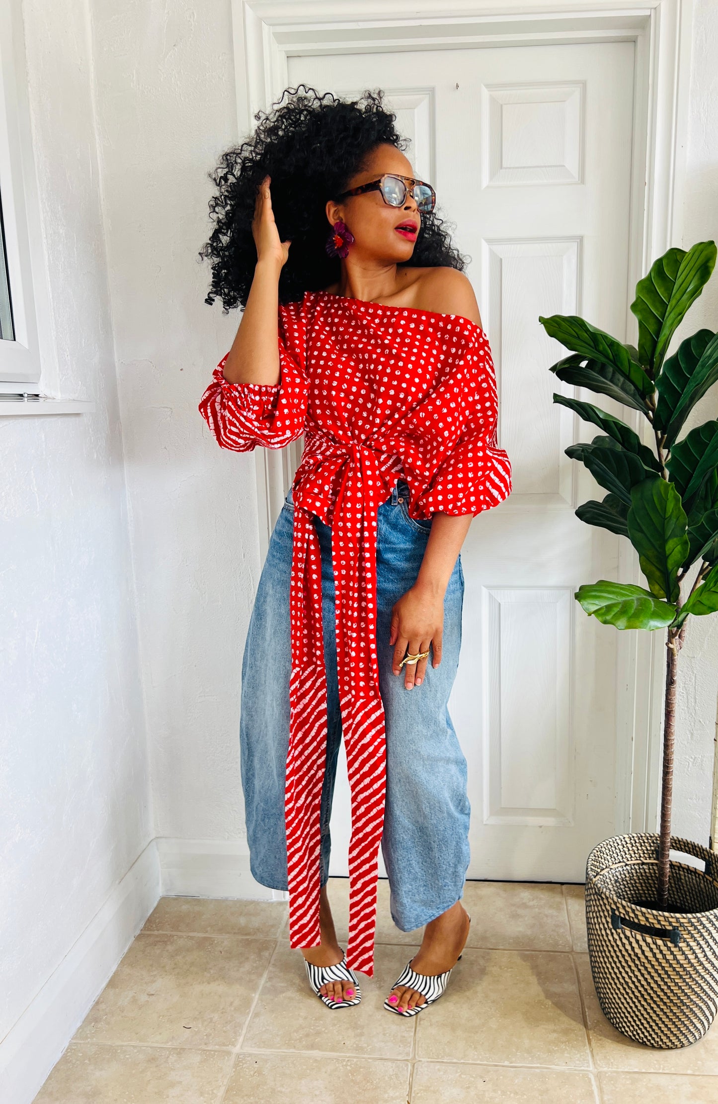 Tie waist Baloon top Orange polka
