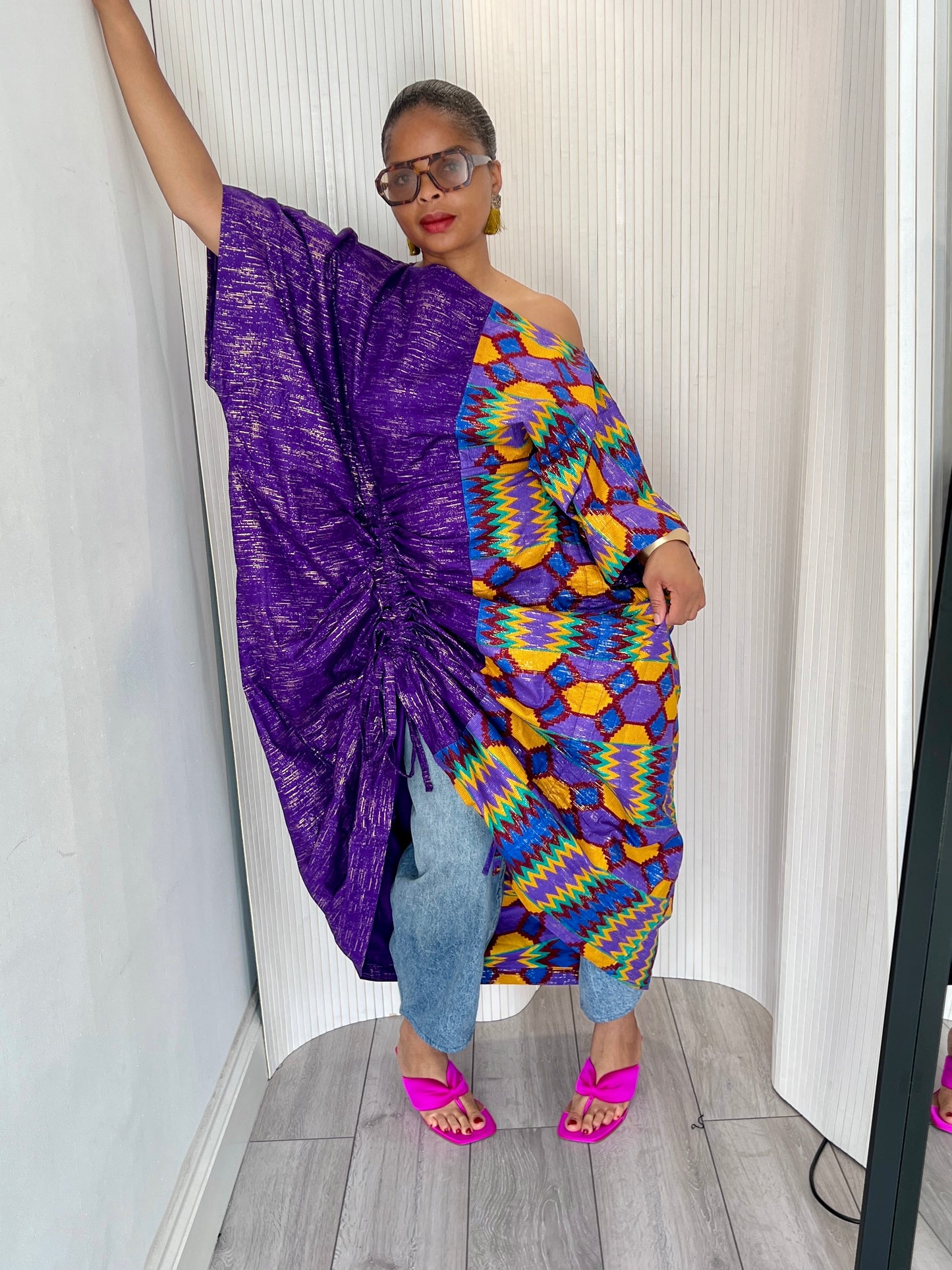 Purple kente off shoulder dress