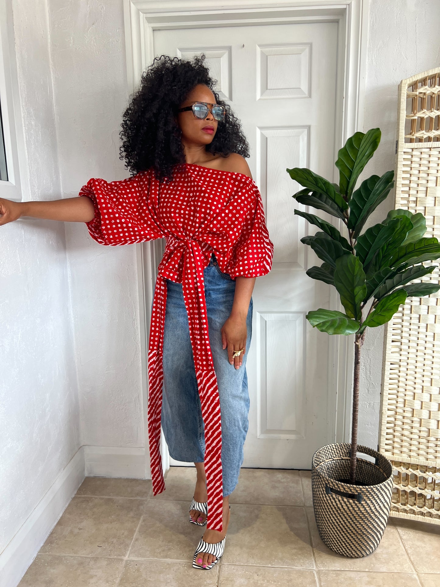 Tie waist Baloon top Orange polka
