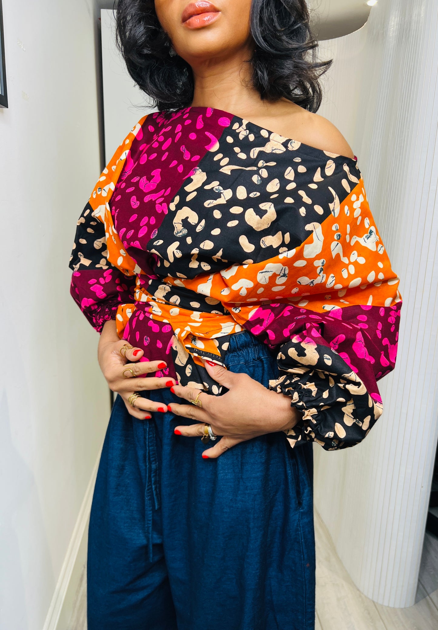 Orange Multi coloured animal print off shoulder tie waist wrap top