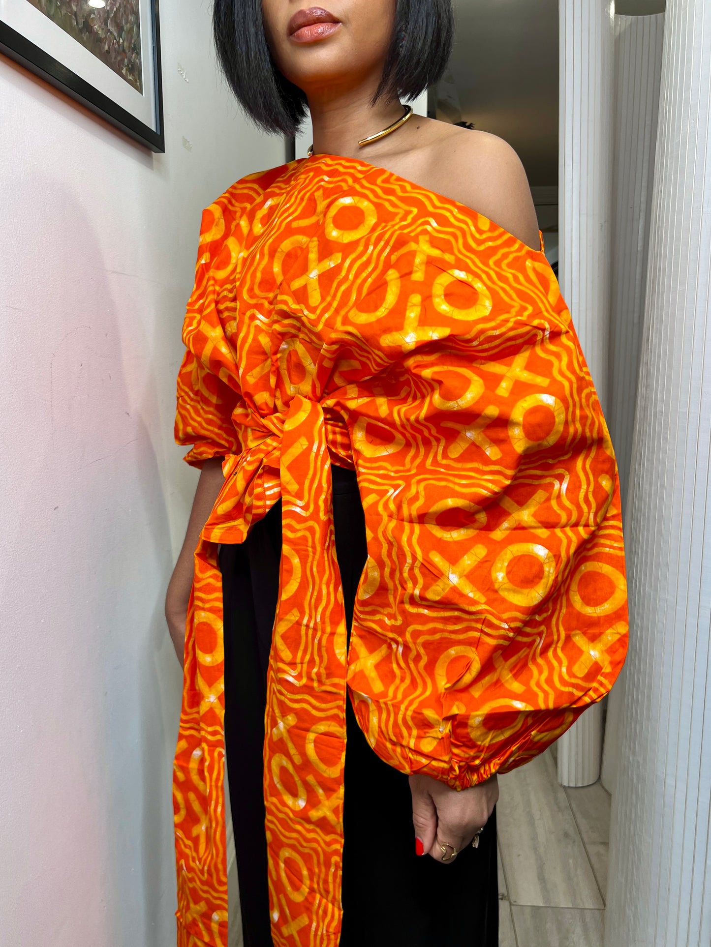 Orange Ankara off shoulder tie waist wrap top