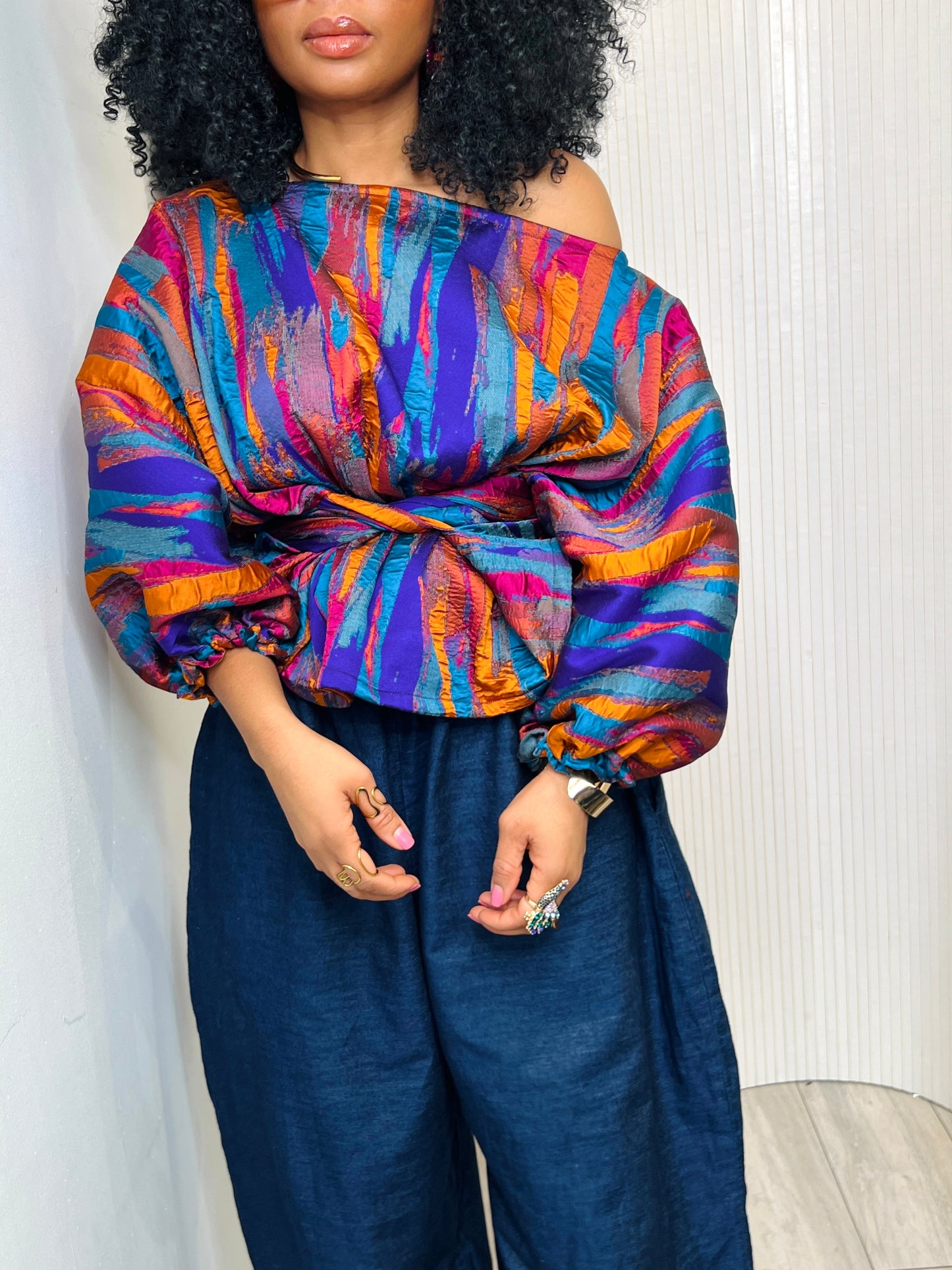 Multi metallic Jacquard Asymmetric Balloon Sleeve Blouse