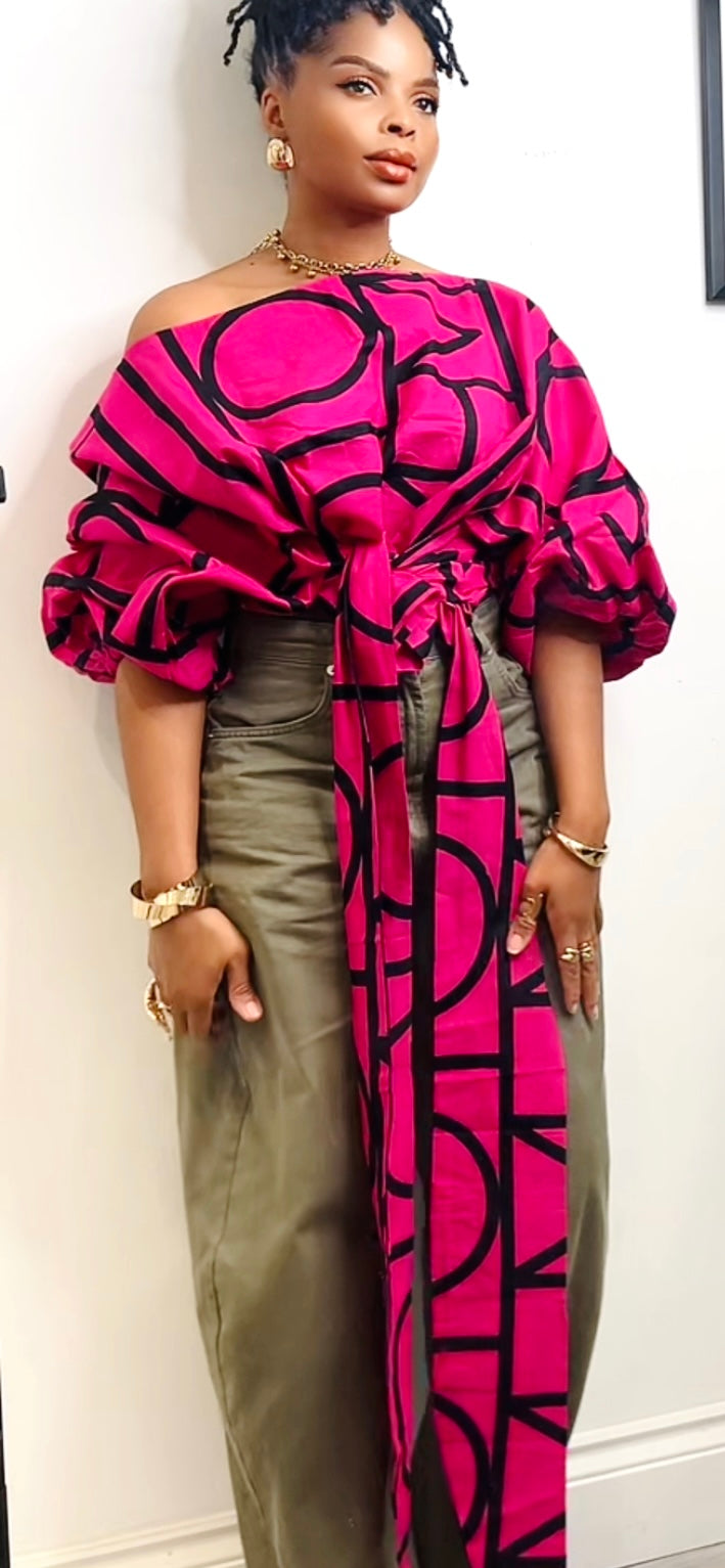 Pink African Print Off-Shoulder Crop Top: Asymmetric Balloon Sleeve Blouse size 1 UK 8-14