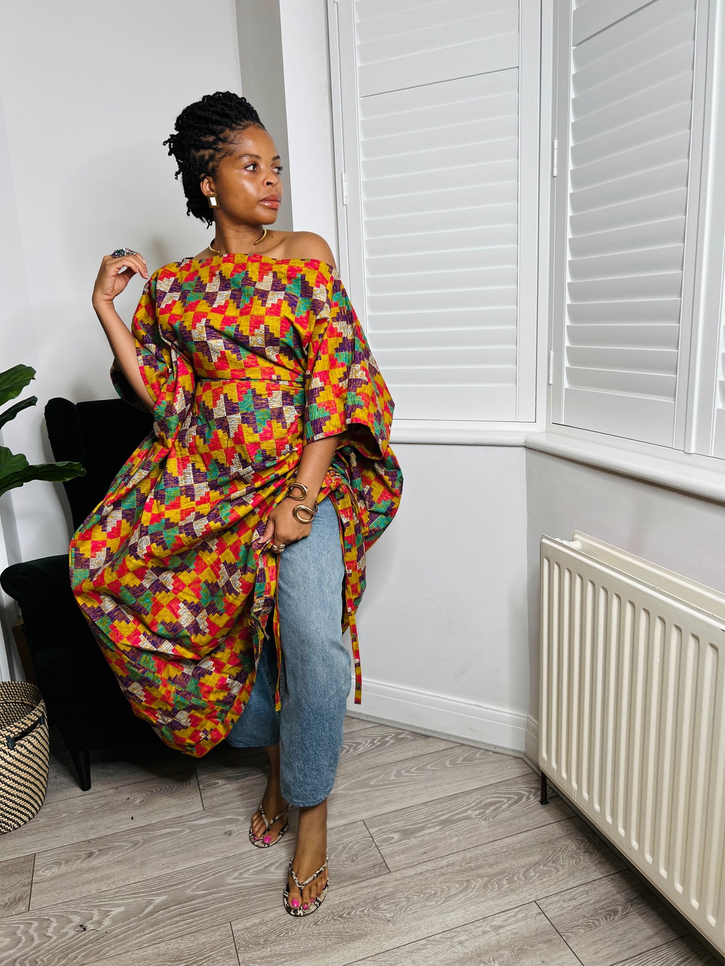 Kente inspired print multi coloured Maxi Kaftan Dress | One size