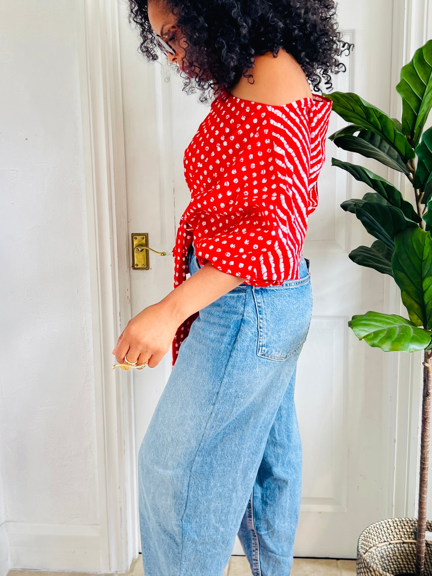 Tie waist Baloon top Orange polka