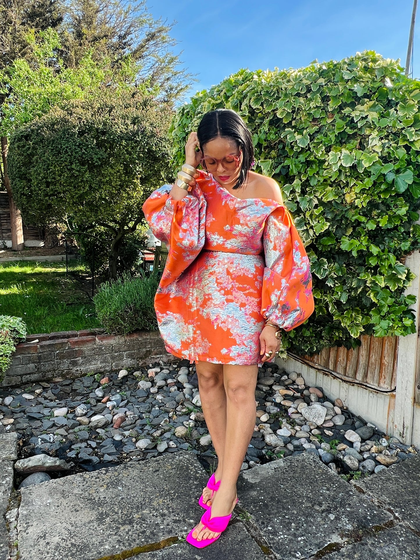 SADE off shoulder mini bubu dress orange One size up to UK size 16