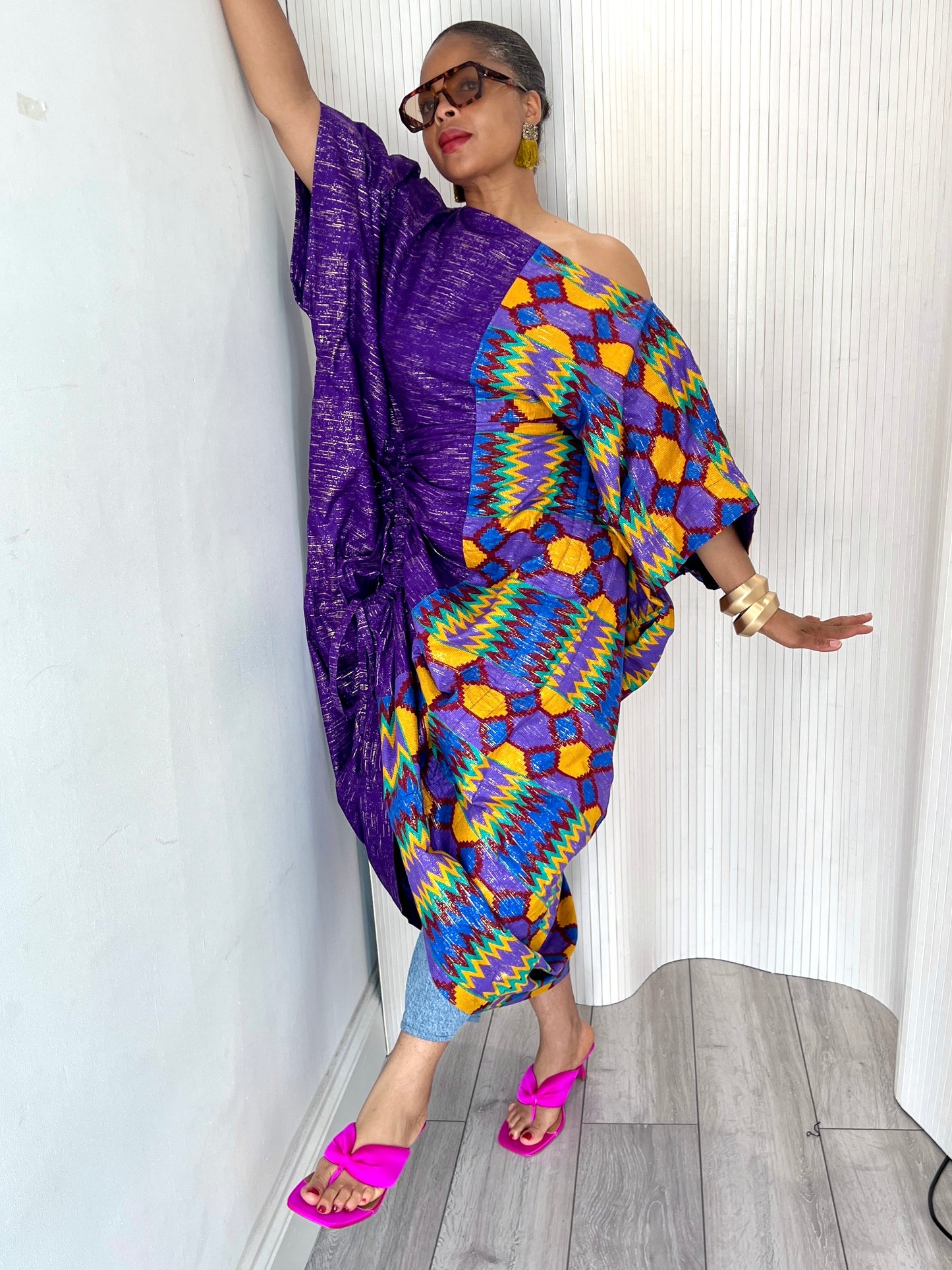 Purple kente off shoulder dress