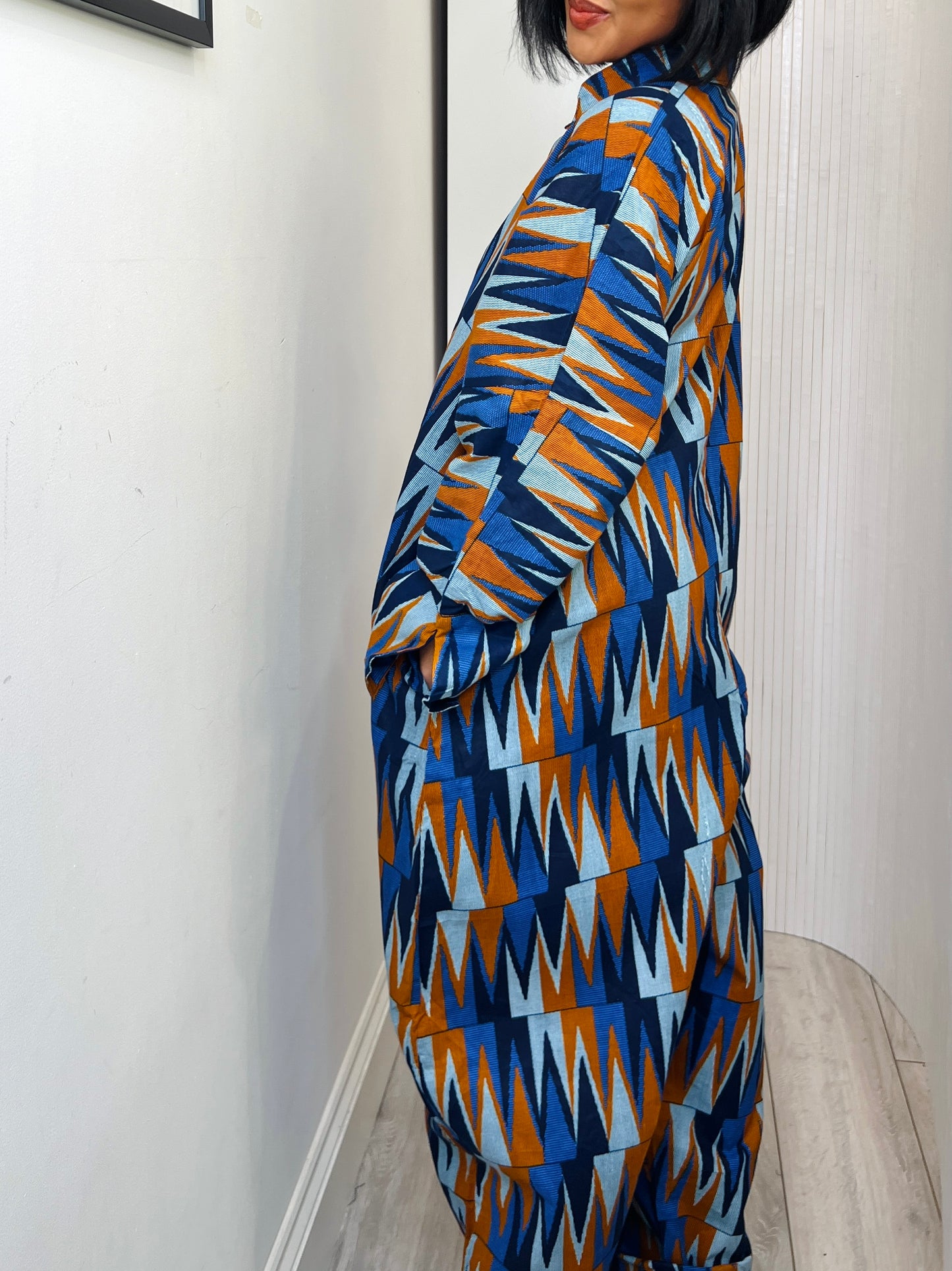 African print long sleeve jumpsuit. Blue kente UK size 1 8-14/16
