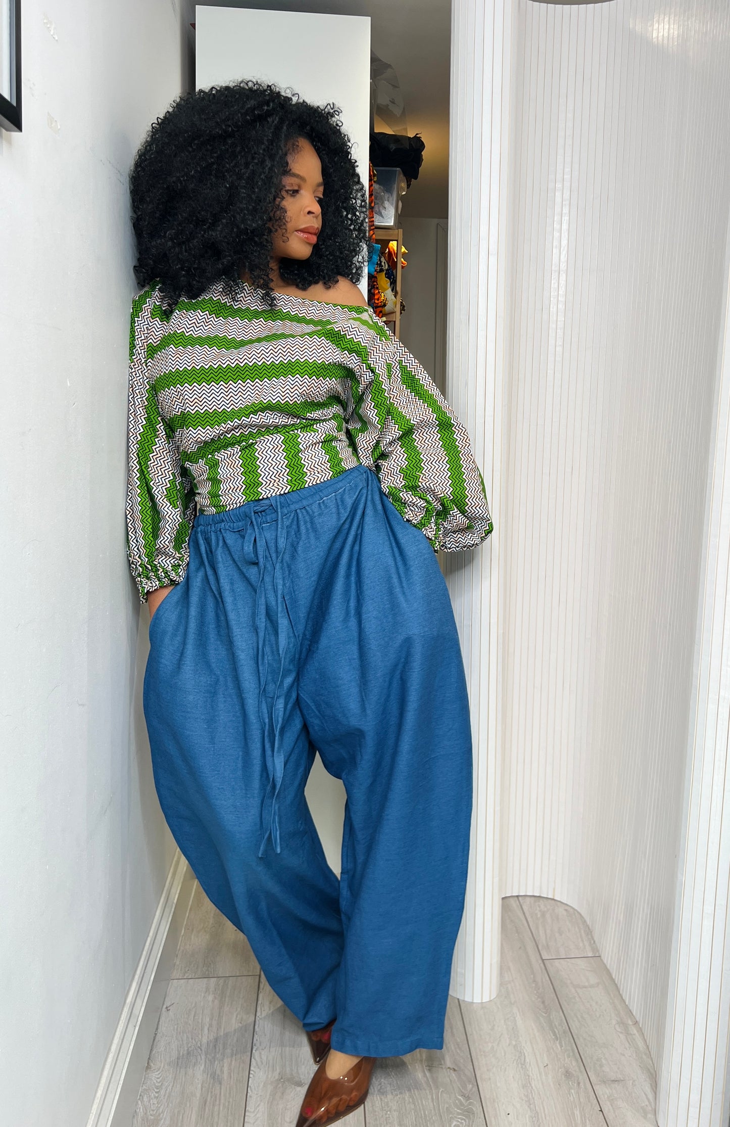 Green off shoulder tie waist wrap top