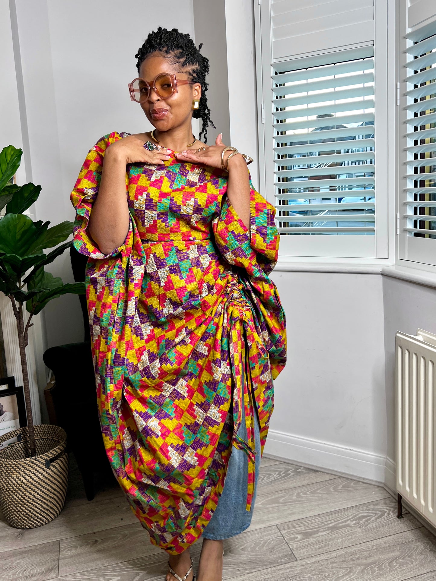 Kente inspired print multi coloured Maxi Kaftan Dress | One size