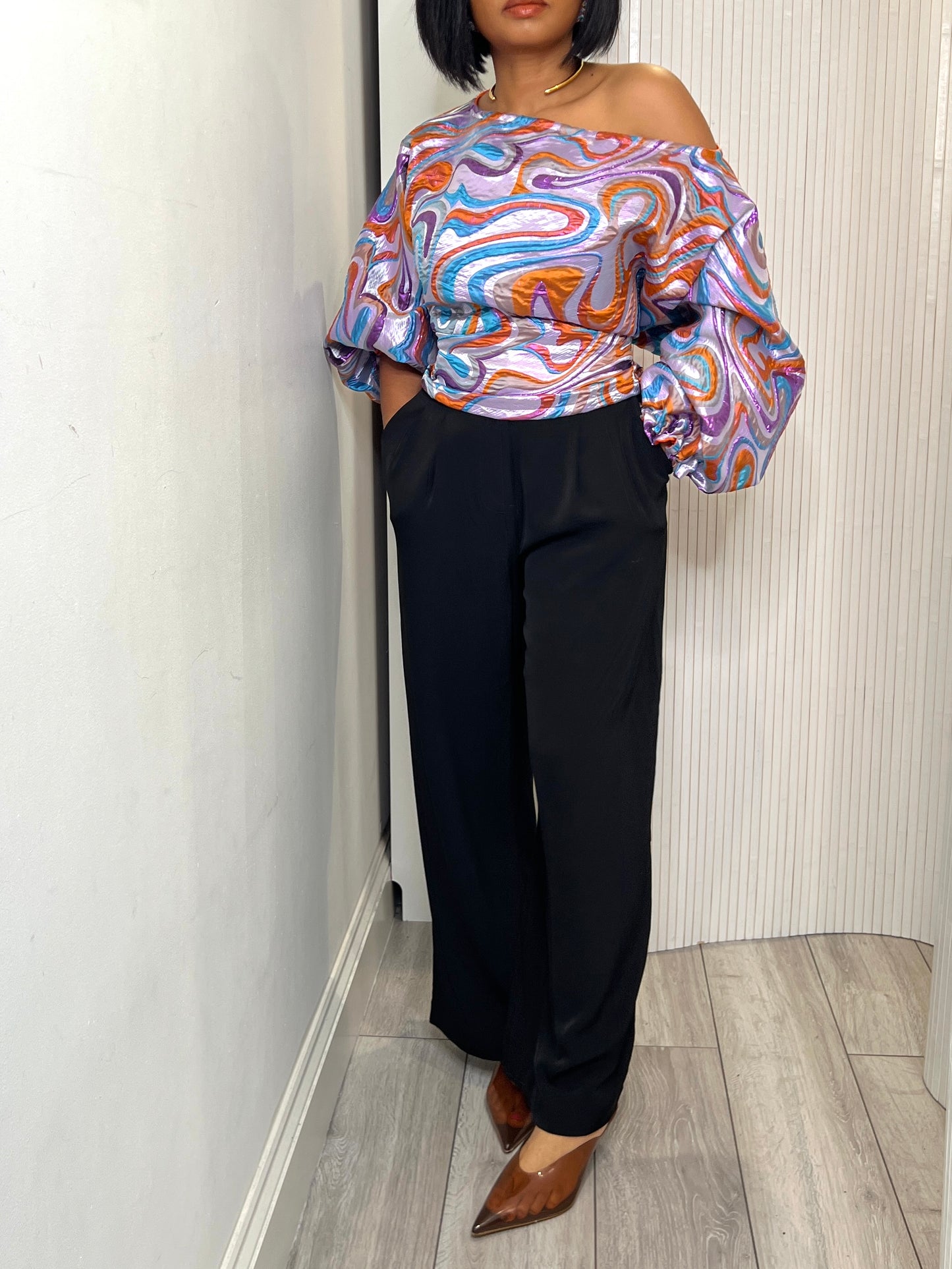 Lilac and orange organza brocade Jacquard Asymmetric Balloon Sleeve Blouse