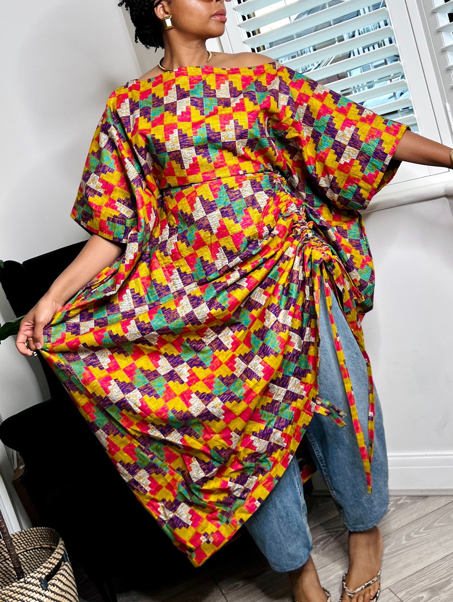 Kente inspired print multi coloured Maxi Kaftan Dress | One size