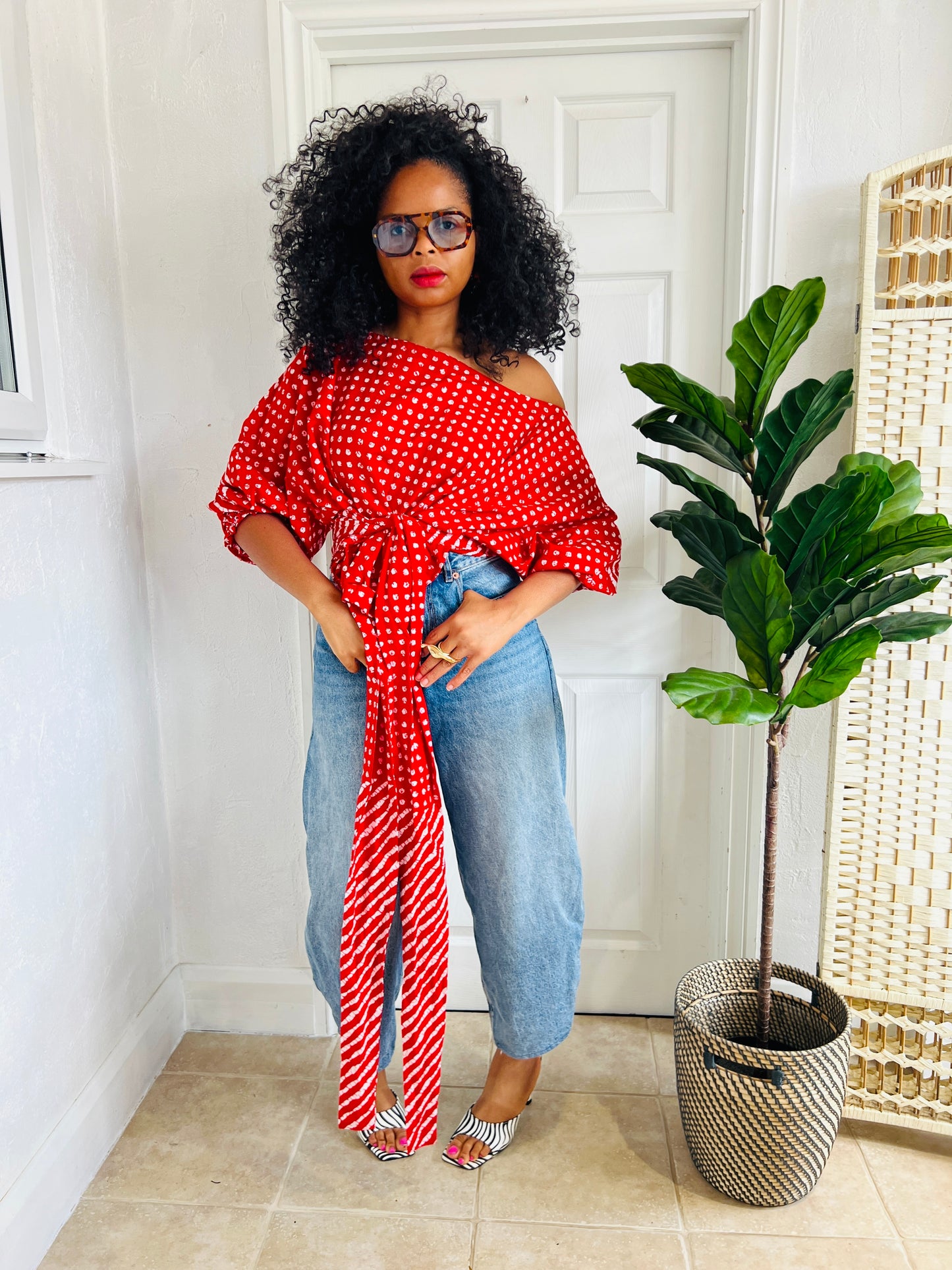 Tie waist Baloon top Orange polka
