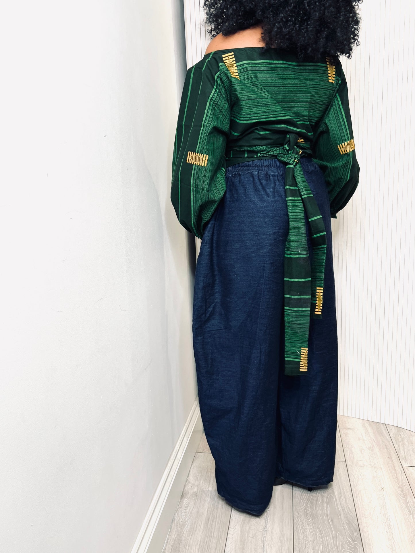 Dark green top: Asymmetric Balloon Sleeve Blouse