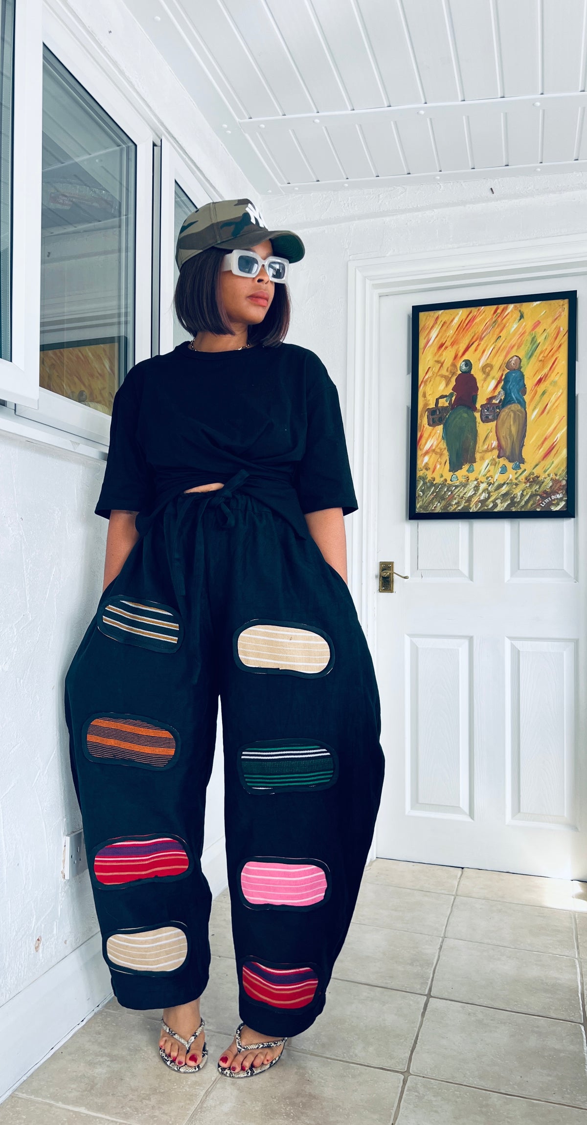 Hand patched asooke black denim barrel trousers UK size 1 8-14- One of a kind