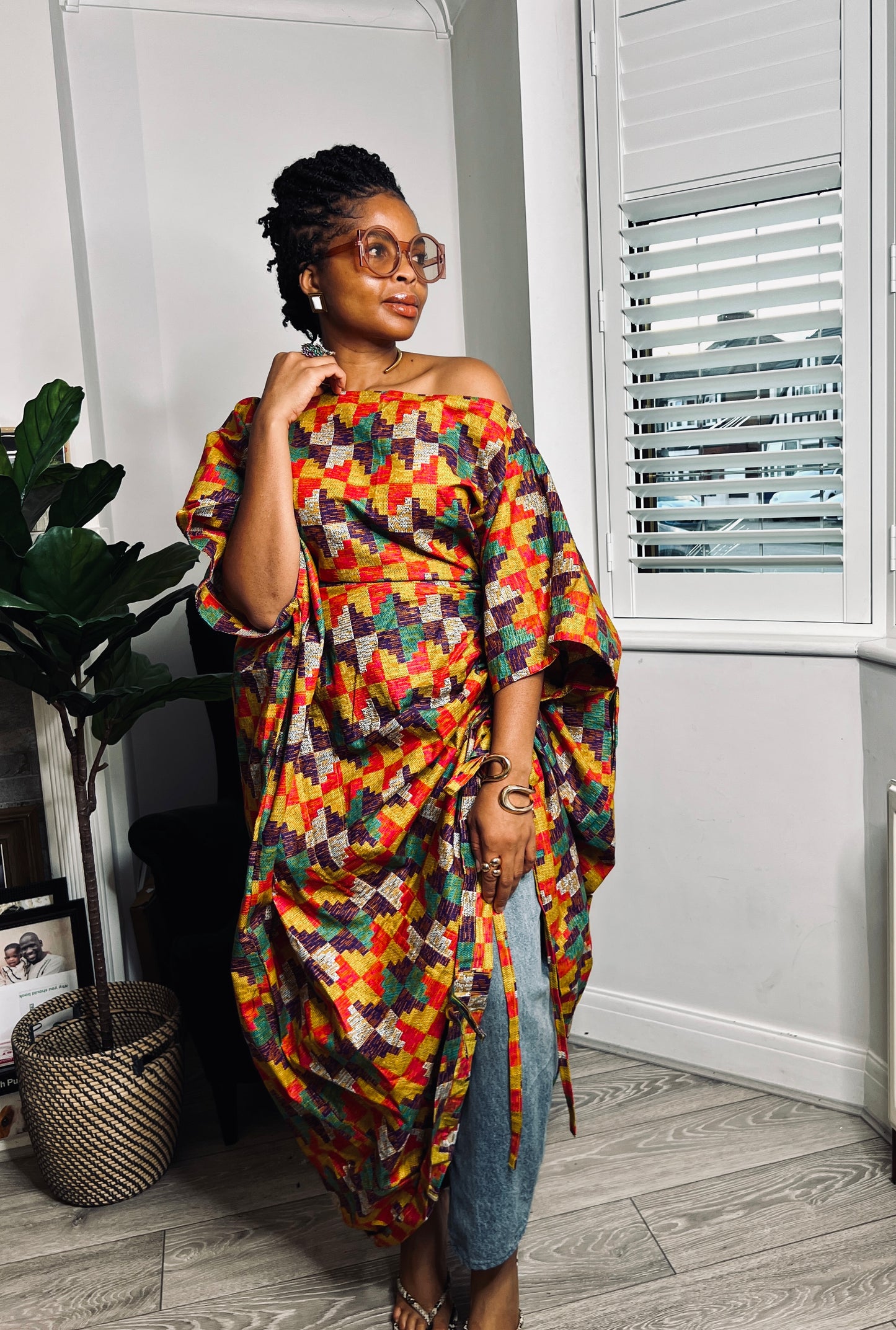 Kente inspired print multi coloured Maxi Kaftan Dress | One size