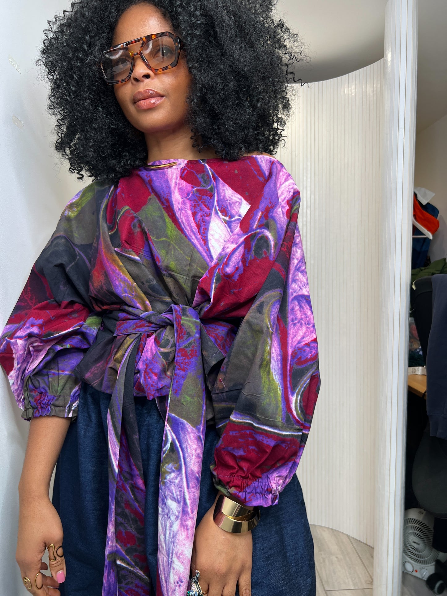 Purple marble effect top: Asymmetric Balloon Sleeve Blouse