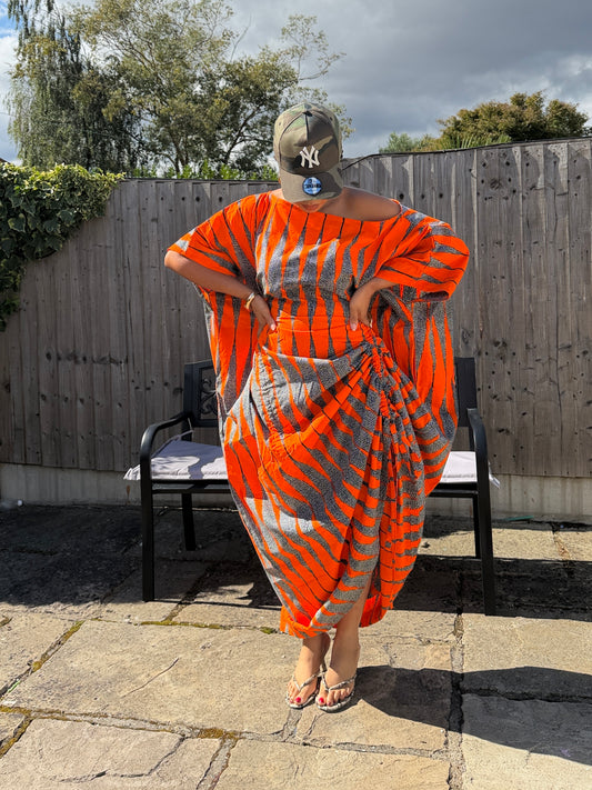 Orange white  cotton Ankara drawstring dress One size
