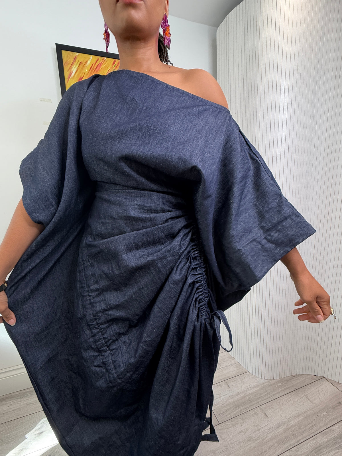 Mid weight Cotton blend denim drawstring dress one size