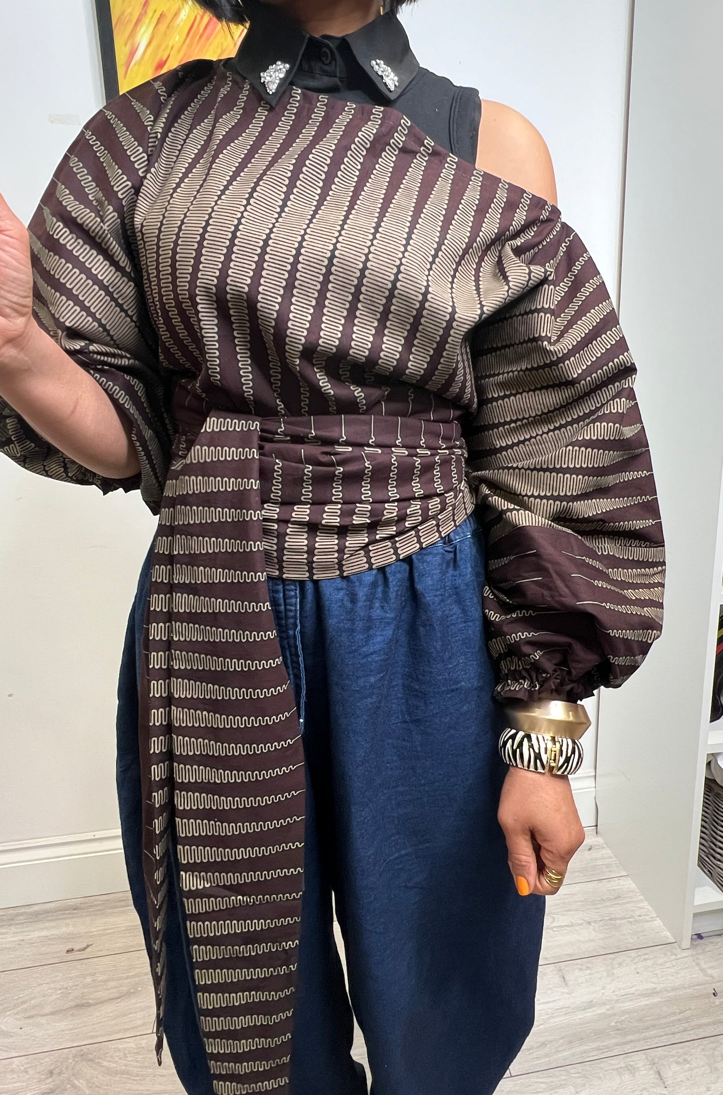Brown and beige cotton Baloon wrap top one size UK 8-14/16