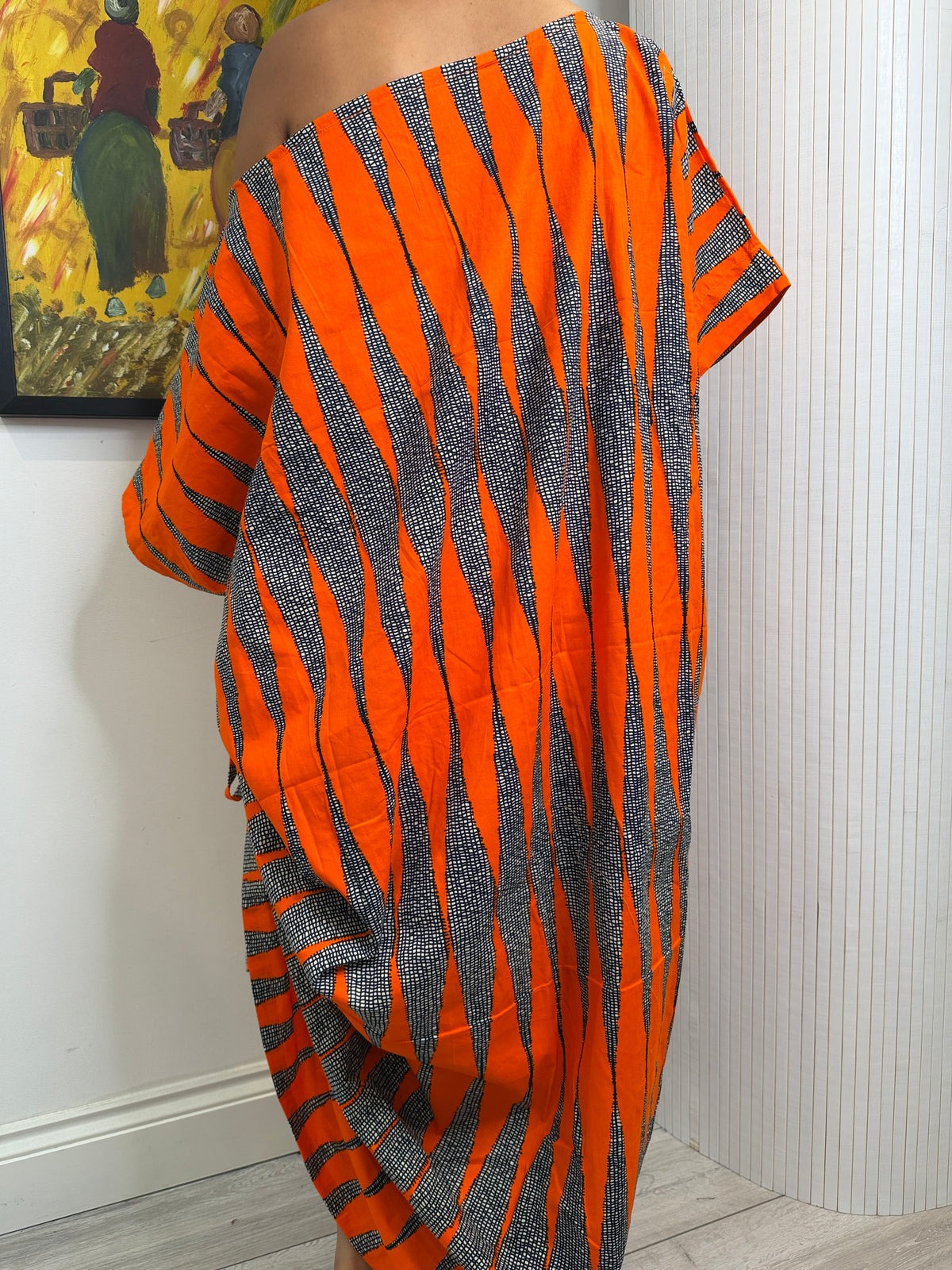 Orange white  cotton Ankara drawstring dress One size