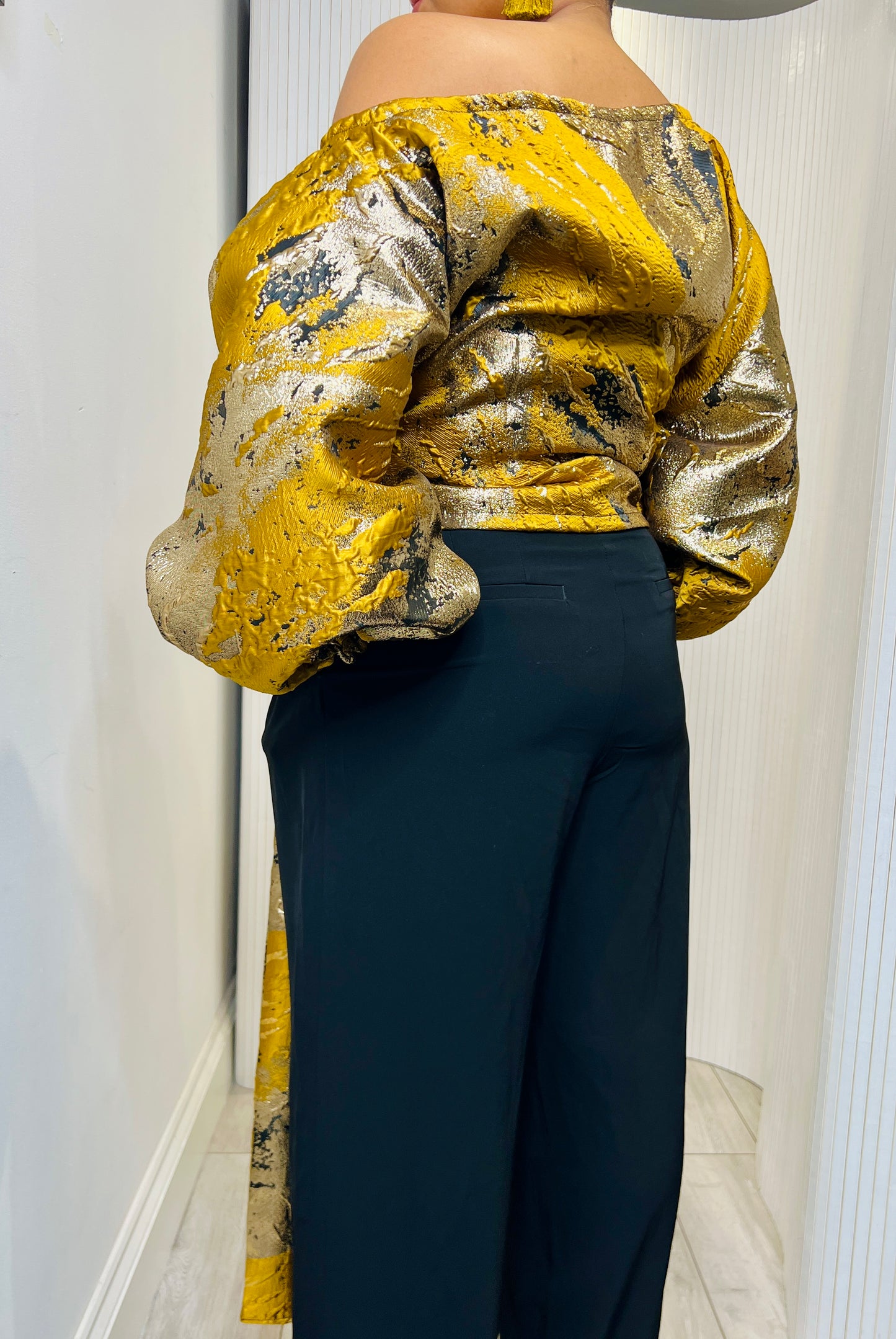 Mustard and gold metallic Jacquard Asymmetric Balloon Sleeve Blouse