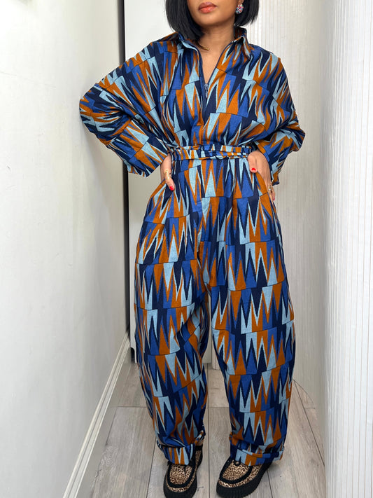 African print long sleeve jumpsuit. Blue kente UK size 1 8-14/16