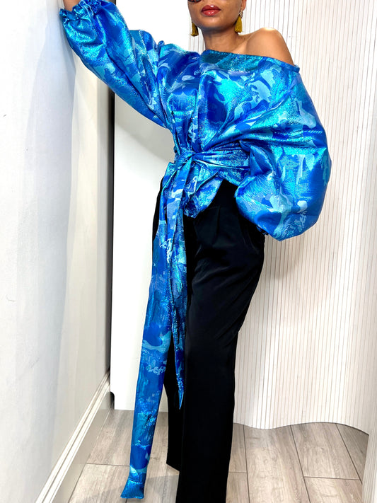 Blue metallic Jacquard Asymmetric Balloon Sleeve Blouse