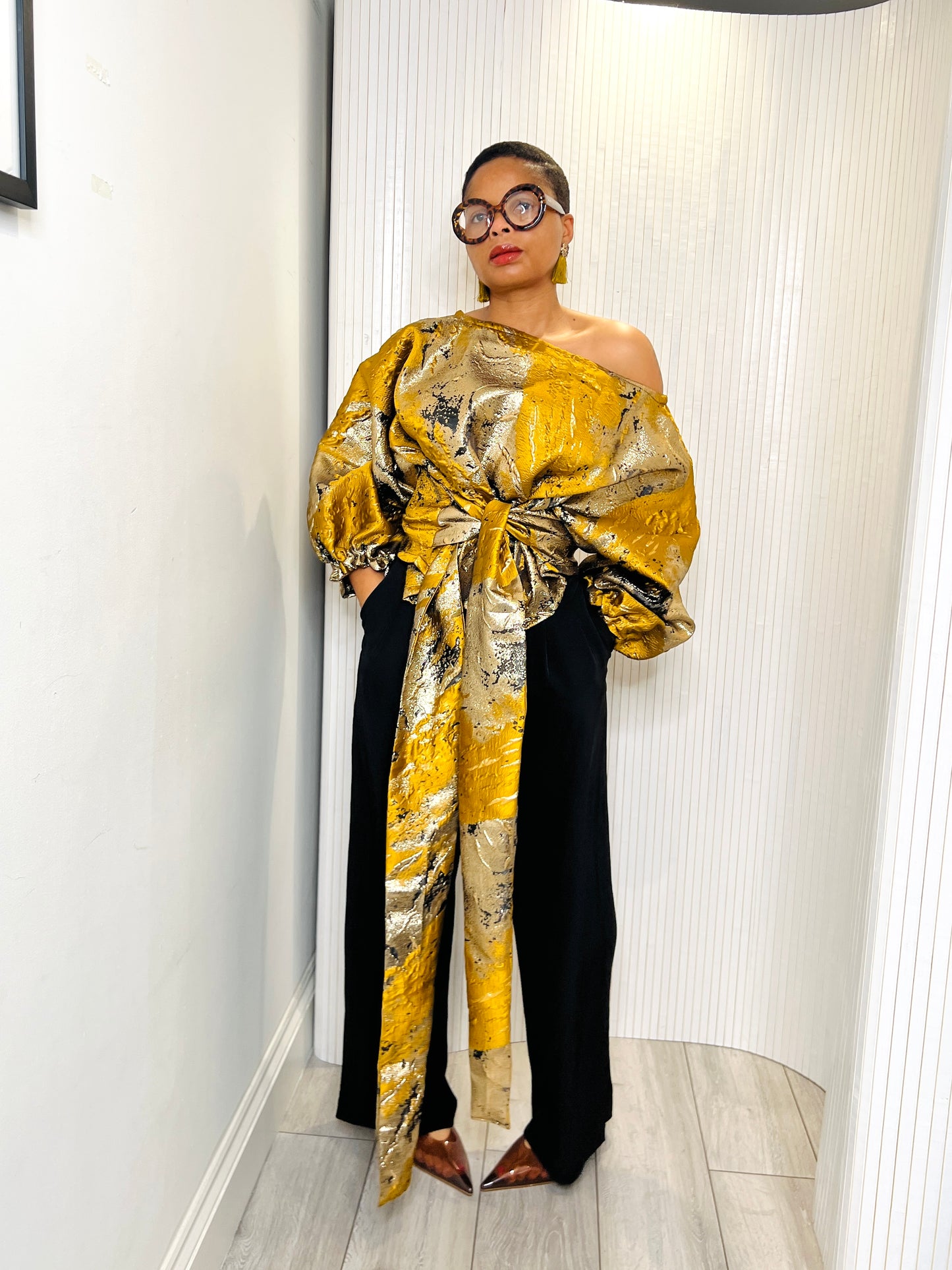 Mustard and gold metallic Jacquard Asymmetric Balloon Sleeve Blouse