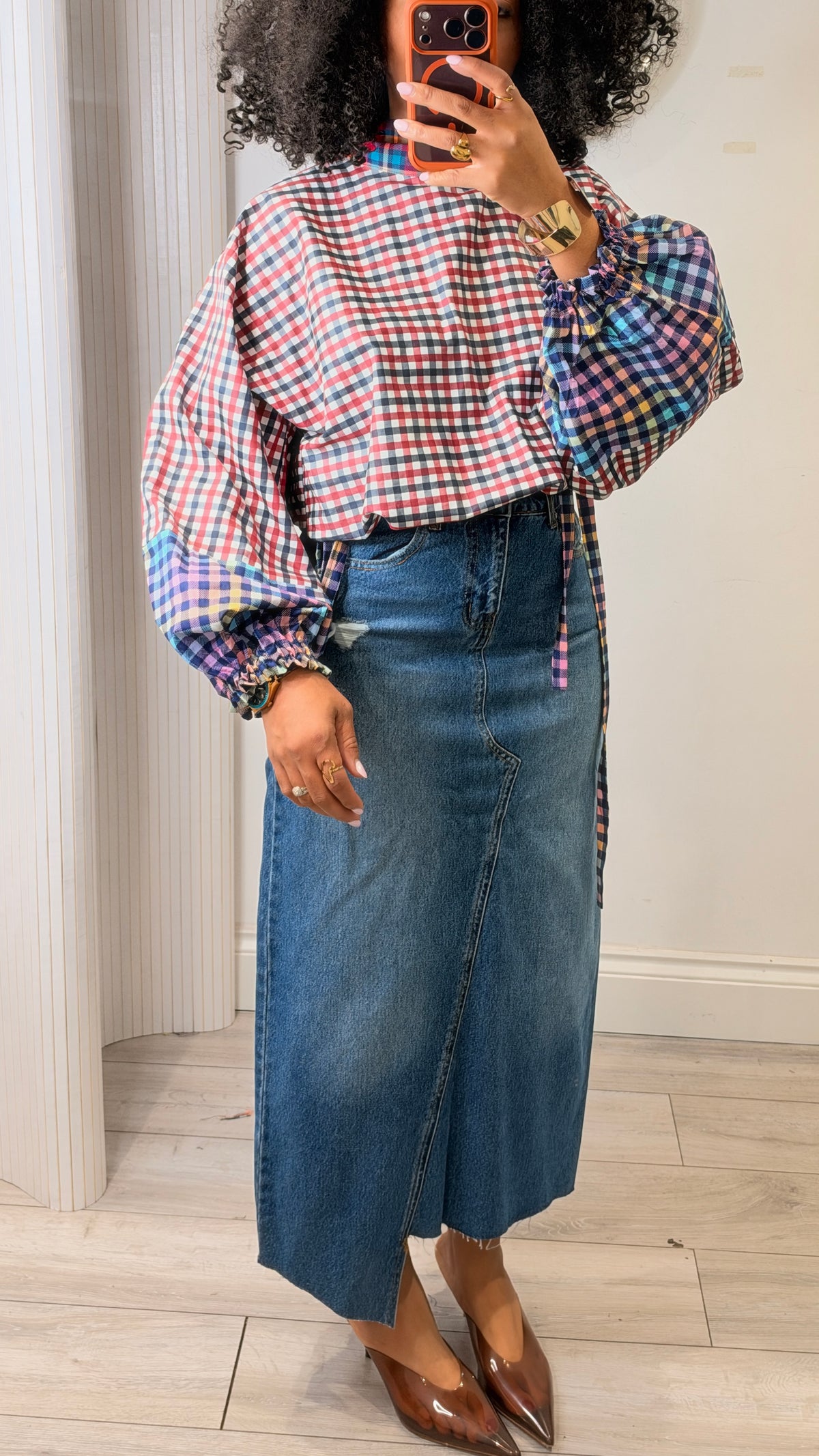 Patchwork drawstring blouse. Size 1 UK8-14