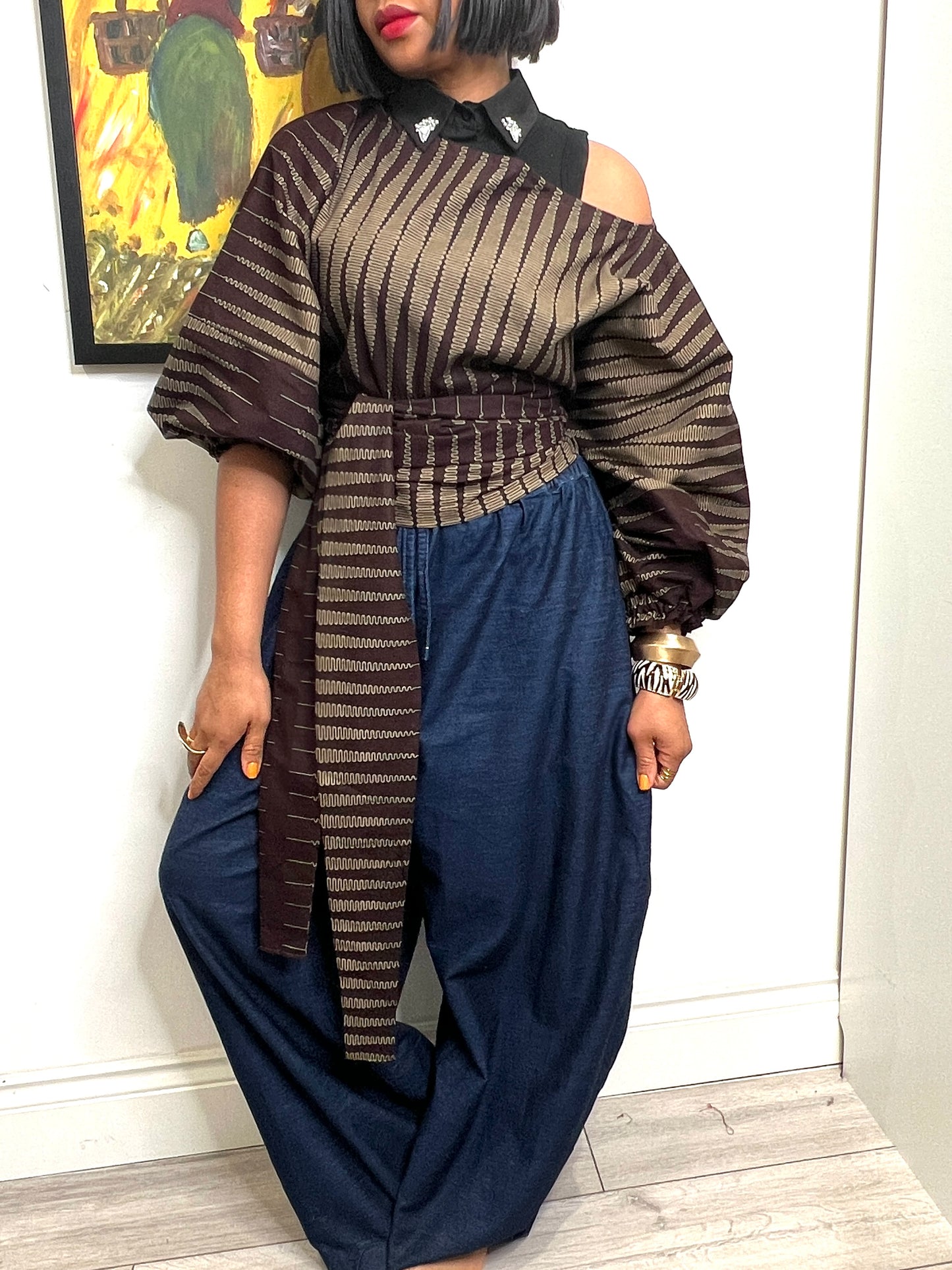 Brown and beige cotton Baloon wrap top one size UK 8-14/16