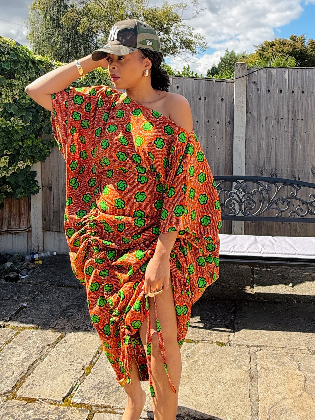 Orange patterned cotton Ankara drawstring dress One size