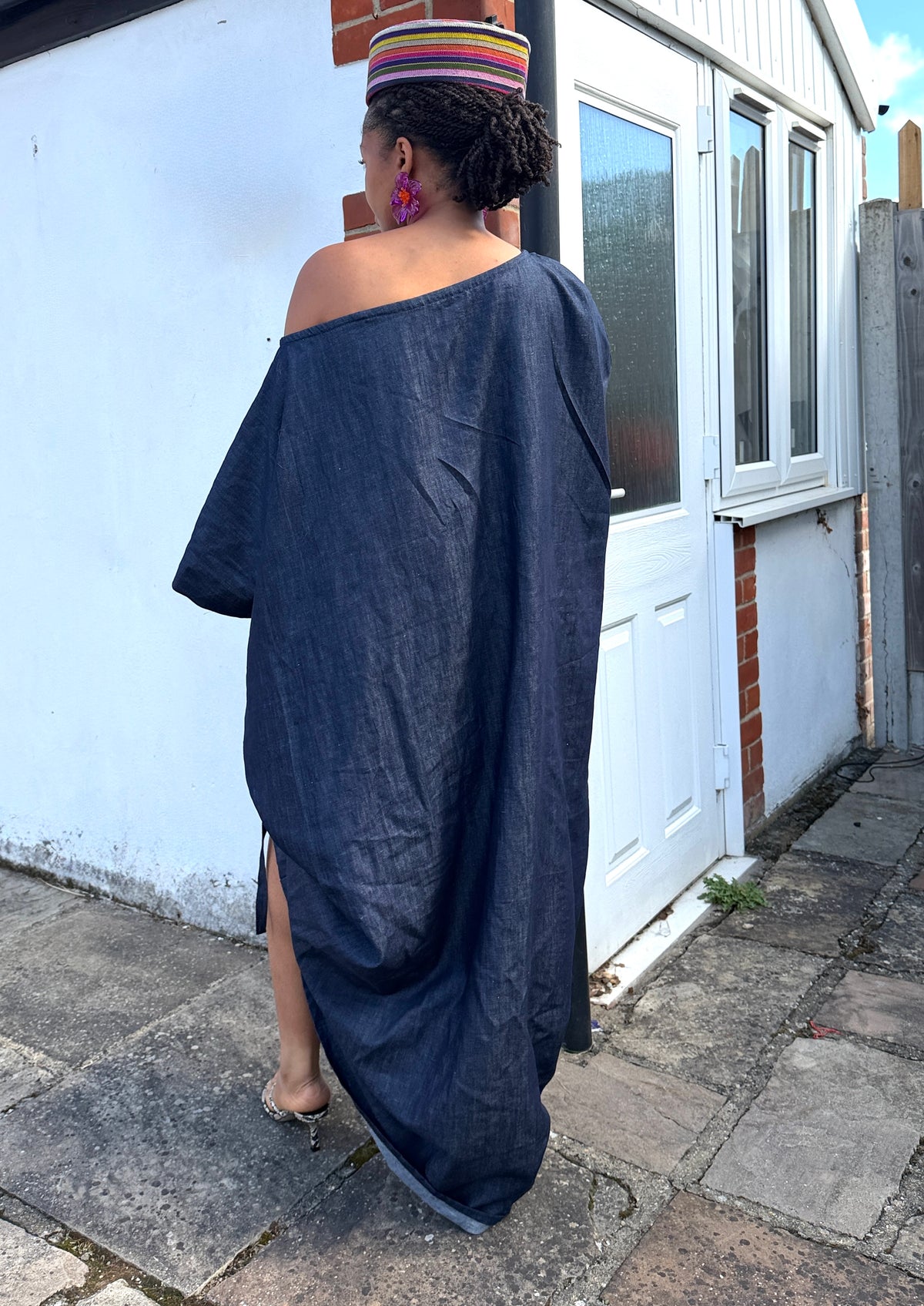 Mid weight Cotton blend denim drawstring dress one size