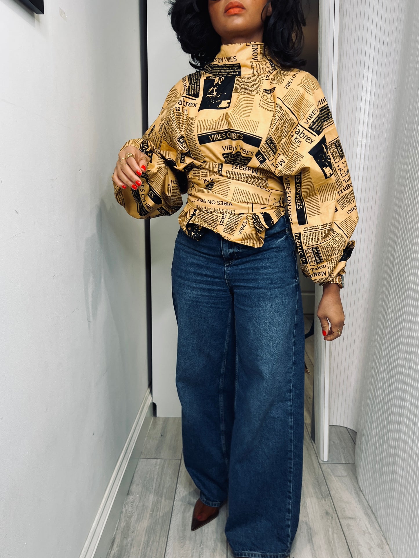 Newspaper high tie neck wrap top UK size 1 8-14