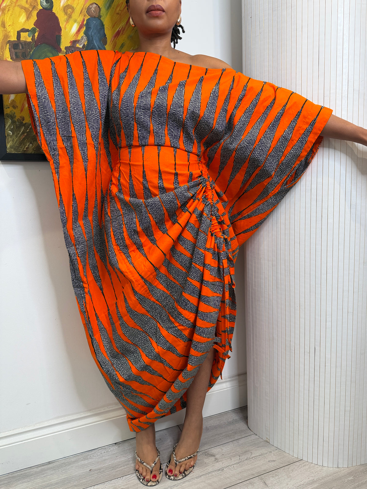 Orange white  cotton Ankara drawstring dress One size