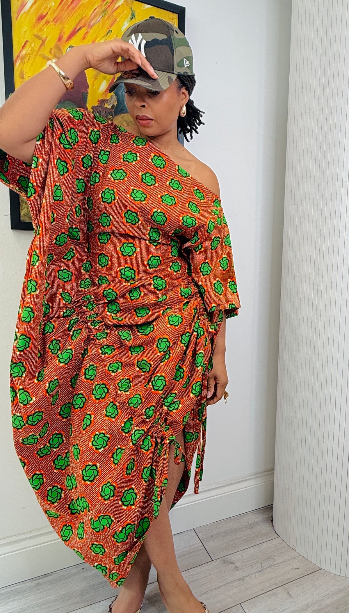 Orange patterned cotton Ankara drawstring dress One size