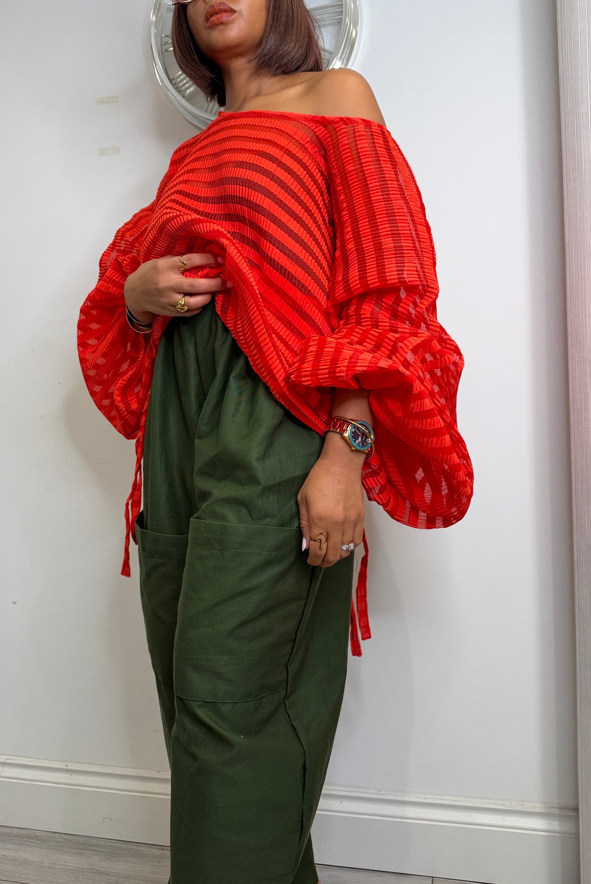 Pleated organza Baloon top. One size up to UK16/18 Red