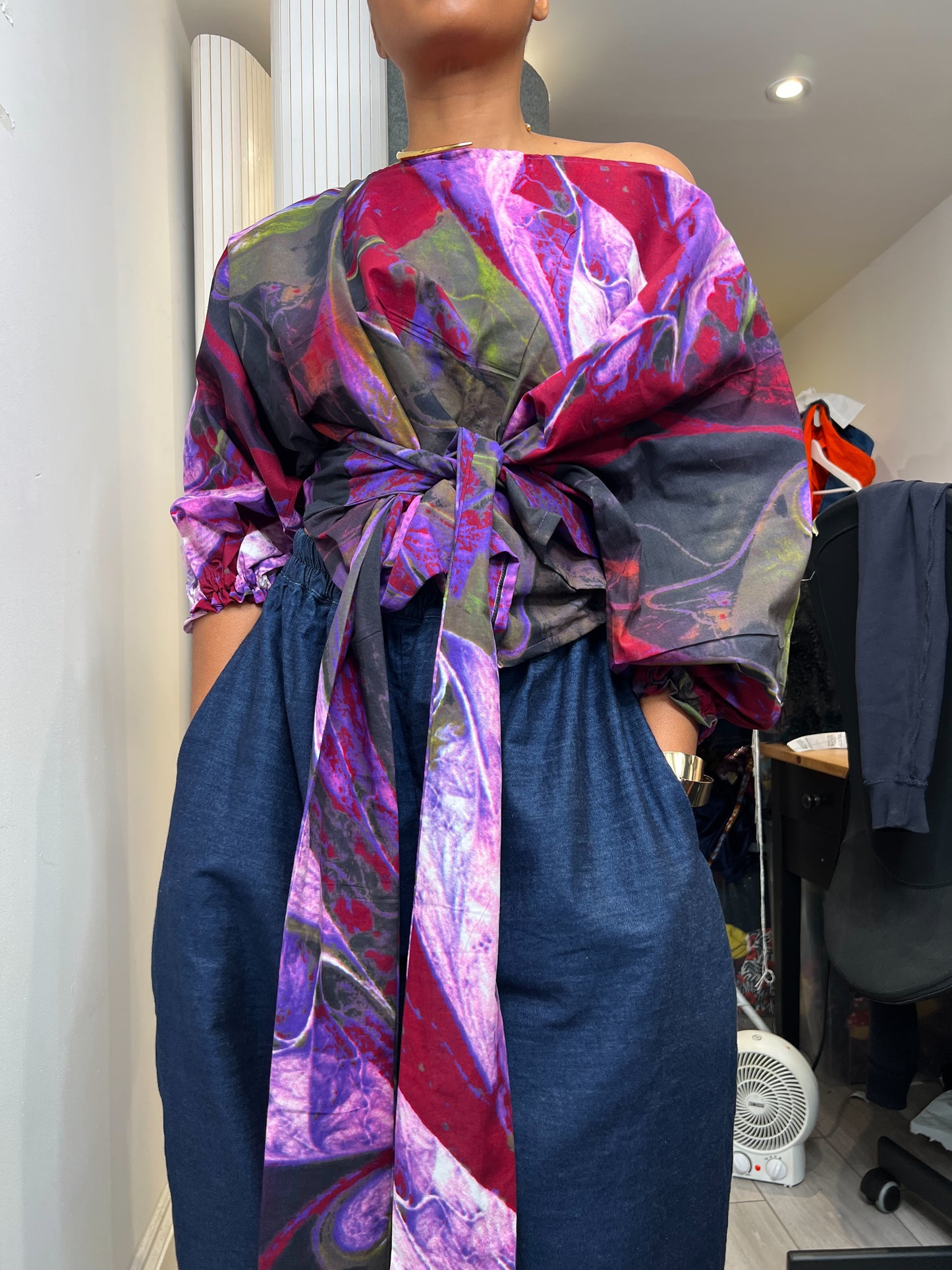 Purple marble effect top: Asymmetric Balloon Sleeve Blouse