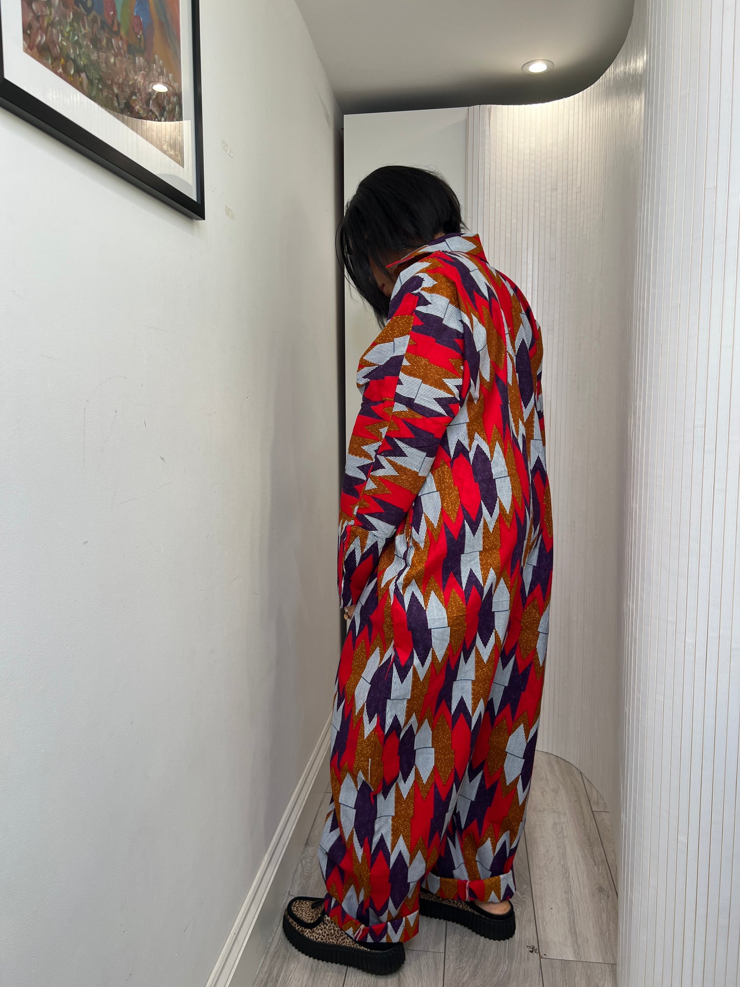 African print long sleeve jumpsuit. Red and navy kente UK size 1 8-14/16