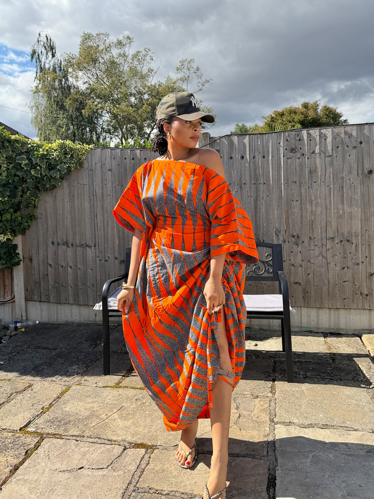 Orange white  cotton Ankara drawstring dress One size