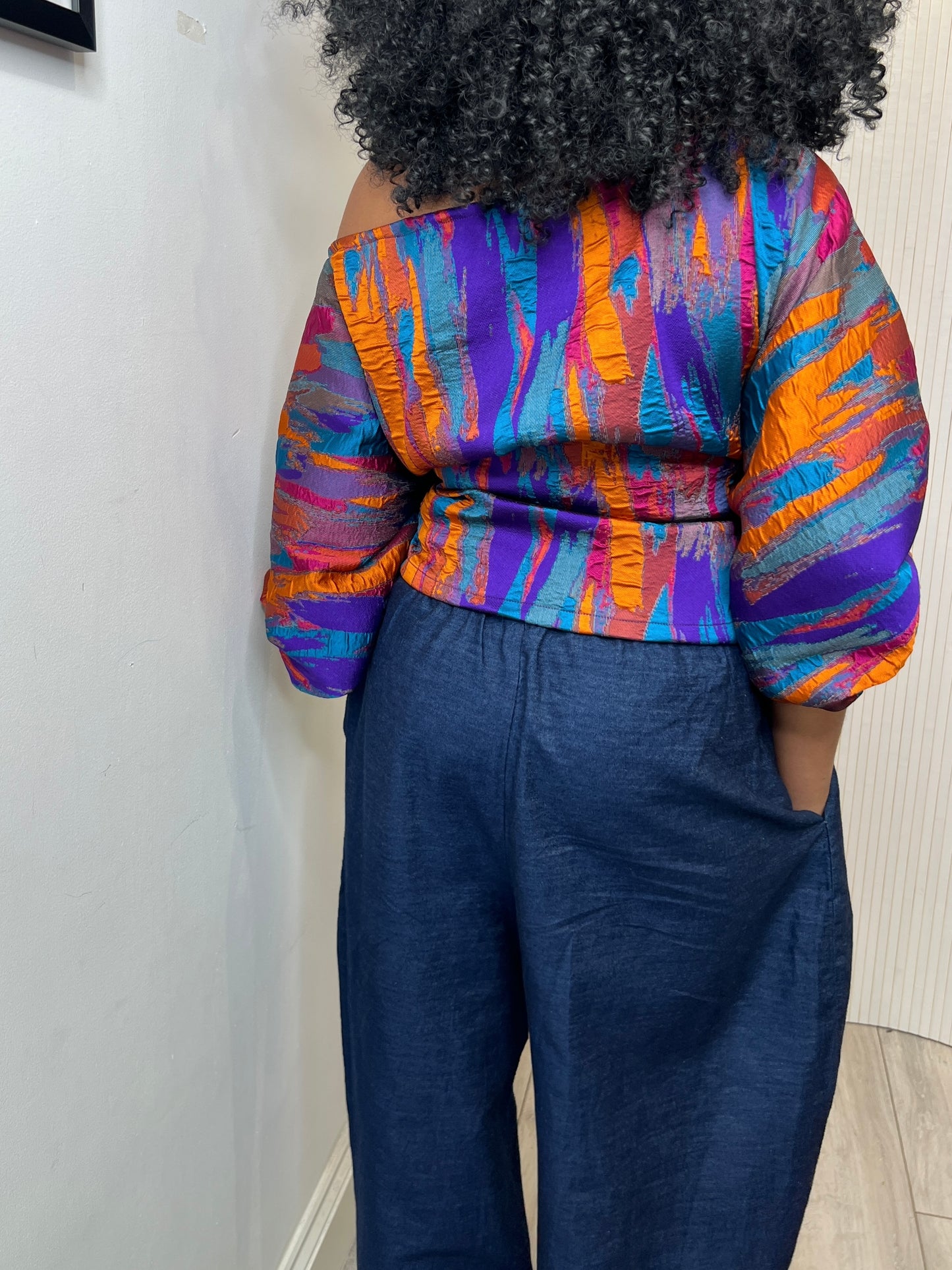 Multi metallic Jacquard Asymmetric Balloon Sleeve Blouse