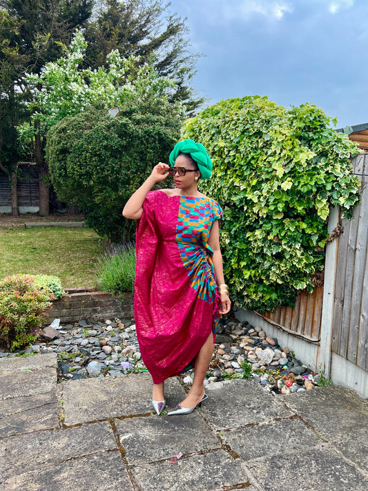 Gold embellished dark pink kente