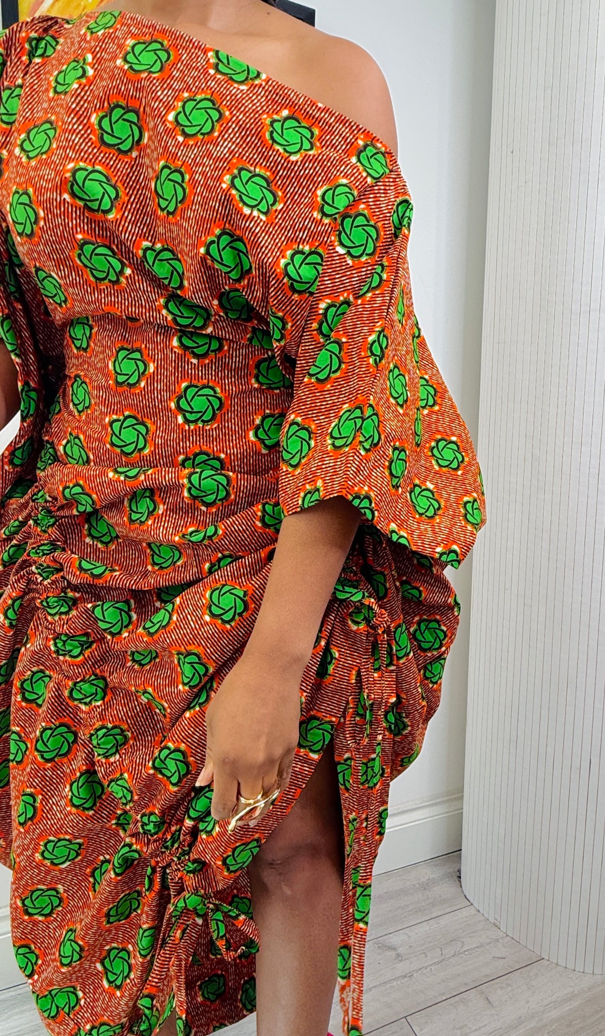 Orange patterned cotton Ankara drawstring dress One size