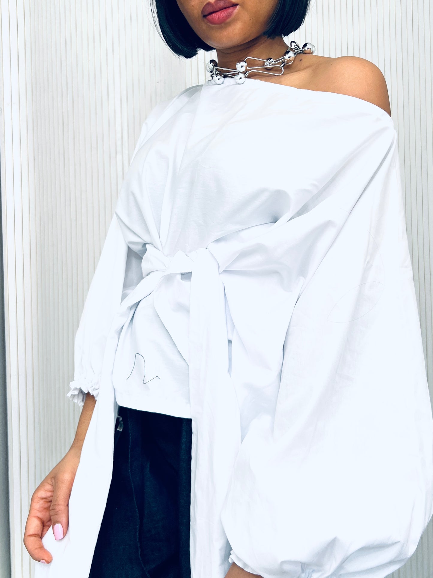 White cotton poplin Baloon wrap top one size UK 8-14/16