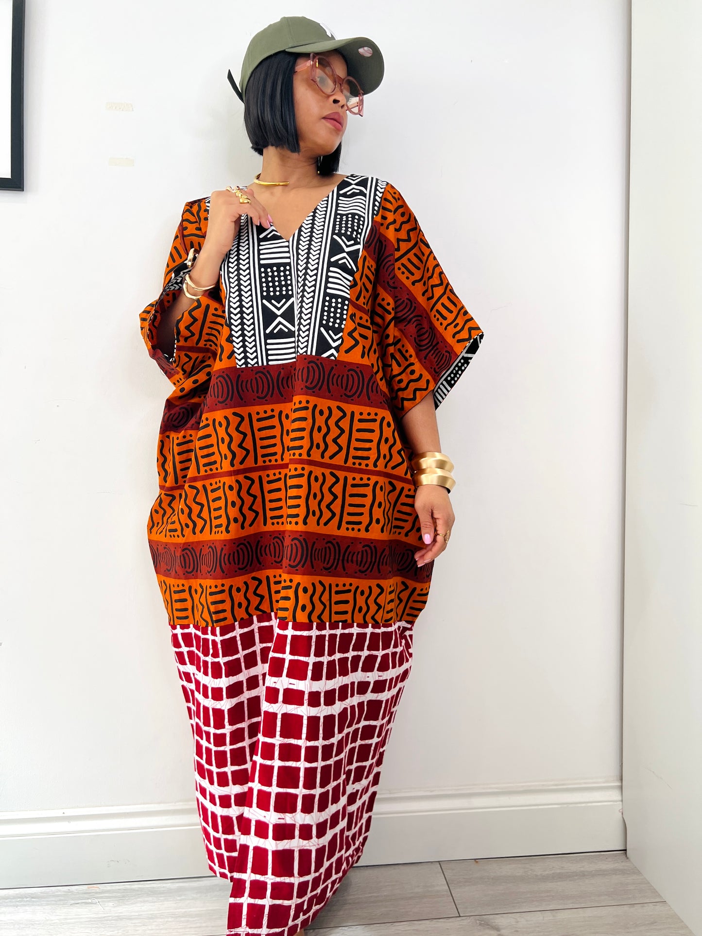 Patchwork Orange Bubu Kaftan Dress One size