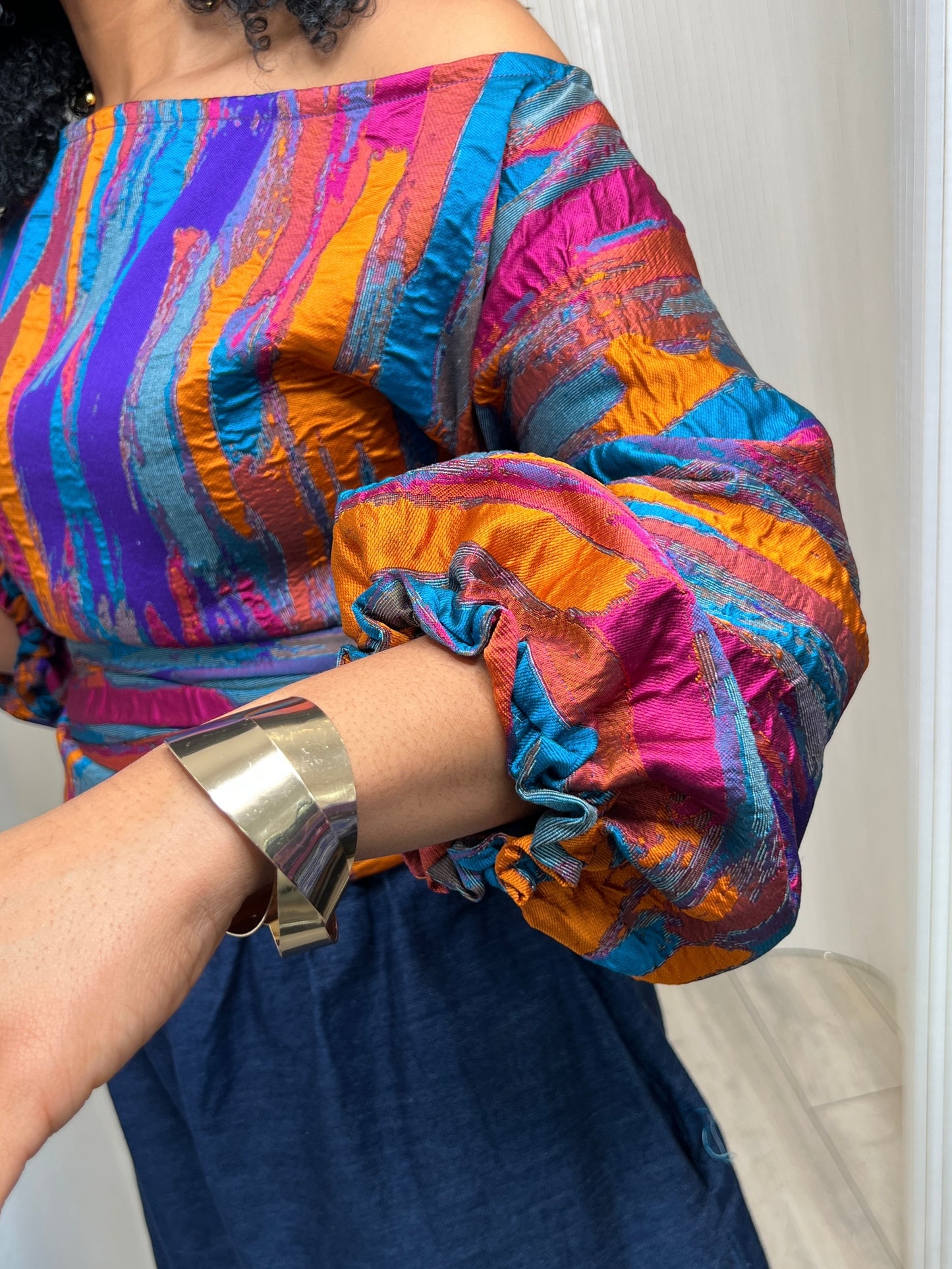 Multi metallic Jacquard Asymmetric Balloon Sleeve Blouse